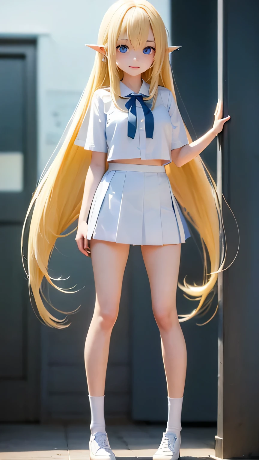 very cute girl、、light yellow hair、long straight hair、Bangs are too close to the eye、Light Blue Eye、(normal ears)、thin arms、Beautiful body、slim legs、big eyes、large, well-shaped breasts,、clear white skin、smile、(school uniform、uniform white and blue)、Super high quality、digital single lens reflex、