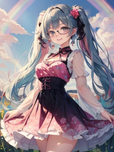小さなgirl、Glasses、petal、thick thighs、big ass、 (alone:1.5,)Super detailed,bright colors, very beautiful detailed anime face and eyes, look straight, shiny_skin,girl,(((long hair、rainbow colored hair, colorful hair, Half black、half pink hair: 1.2)))  、forehead is exposed.、shiny hair, delicate beautiful face, blush、(turquoise eyes), White skin, Valletta, earrings,、blue flower field、(((See-through、Pink ruffled dress with floral print、purple mini skirt)))、twin tails、smile、smile、Face dyed red