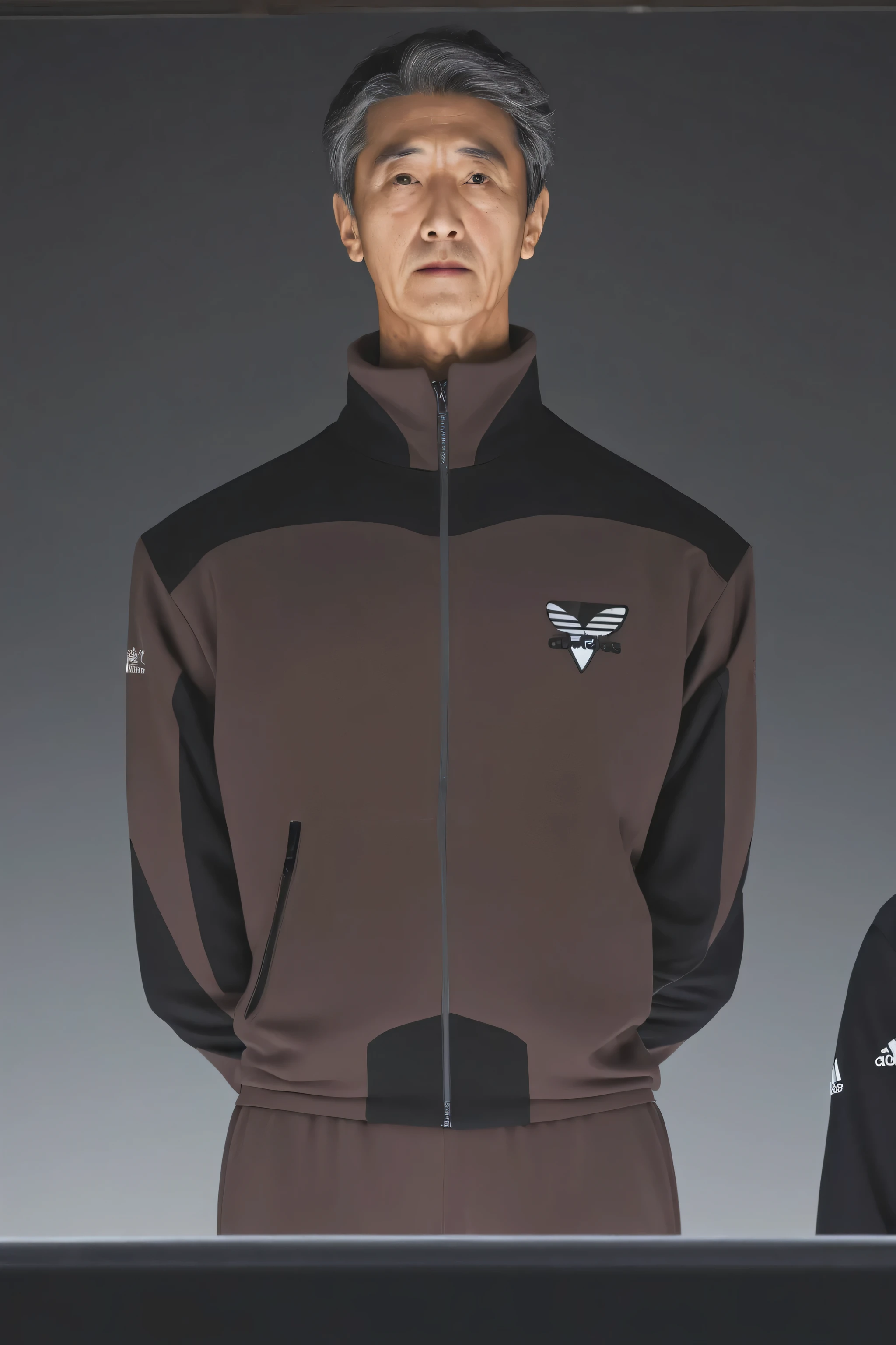 A man in uniform standing next to a giant robot, elderly、Elderly man、６０age, wearing a track and field suit, wearing a tracksuit, chappie in an adidas track suit,  Kentaro Miura style, wearing a tracksuitいる,photograph、8K、highest quality、best details