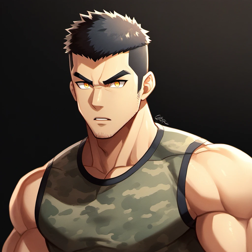 anime characters：Gyee, Fitness coach, 1 muscular tough guy, Manliness, male focus, Camouflage sleeveless T-shirt, Very tight, Slightly transparent, muscular male, muscular, only, Upper body, alone, Black short hair, Thick eyebrows, stubble, Yellow eyes, Black background, simple background, amazing quality, best aesthetics, Ridiculous, bright pupils, crew cut, parted lips, v-shaped eyebrows, jitome, drop shadow, best quality