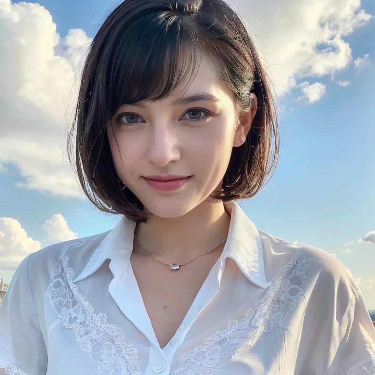 (8k, highest quality, masterpiece:1.2), (realistic, photo-realistic:1.37), super detailed, 1 girl,facing forward, cute, alone, detailed sky, date, (blush your nose), (smile:1.15), (closed mouth) small breasts, detailed and beautiful eyes, (collared shirt:1.1), Wet, business suit, white lace, (short bob hair:1.2),long eyebrows,sharp eyes,