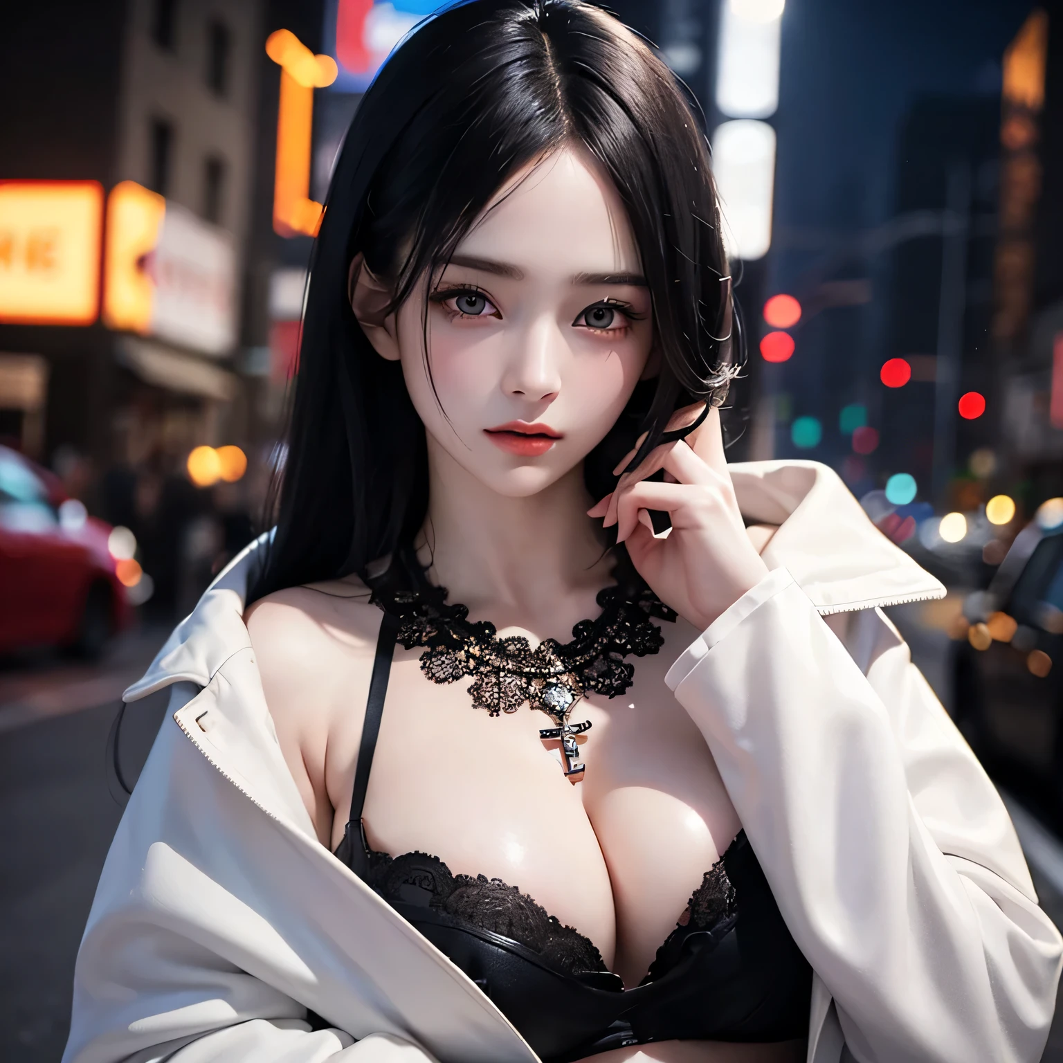 Beautiful girl with realistic black eyes, pale skin, medium length black hair, perfect face, perfect eyes, wearing a coat, very detailed, comprehensive movie, digital painting, 8K, cinematic lighting, highest quality, High resolution, well done!, Post-processing, perfect result, surreal，big breasts，NSFW:0.9