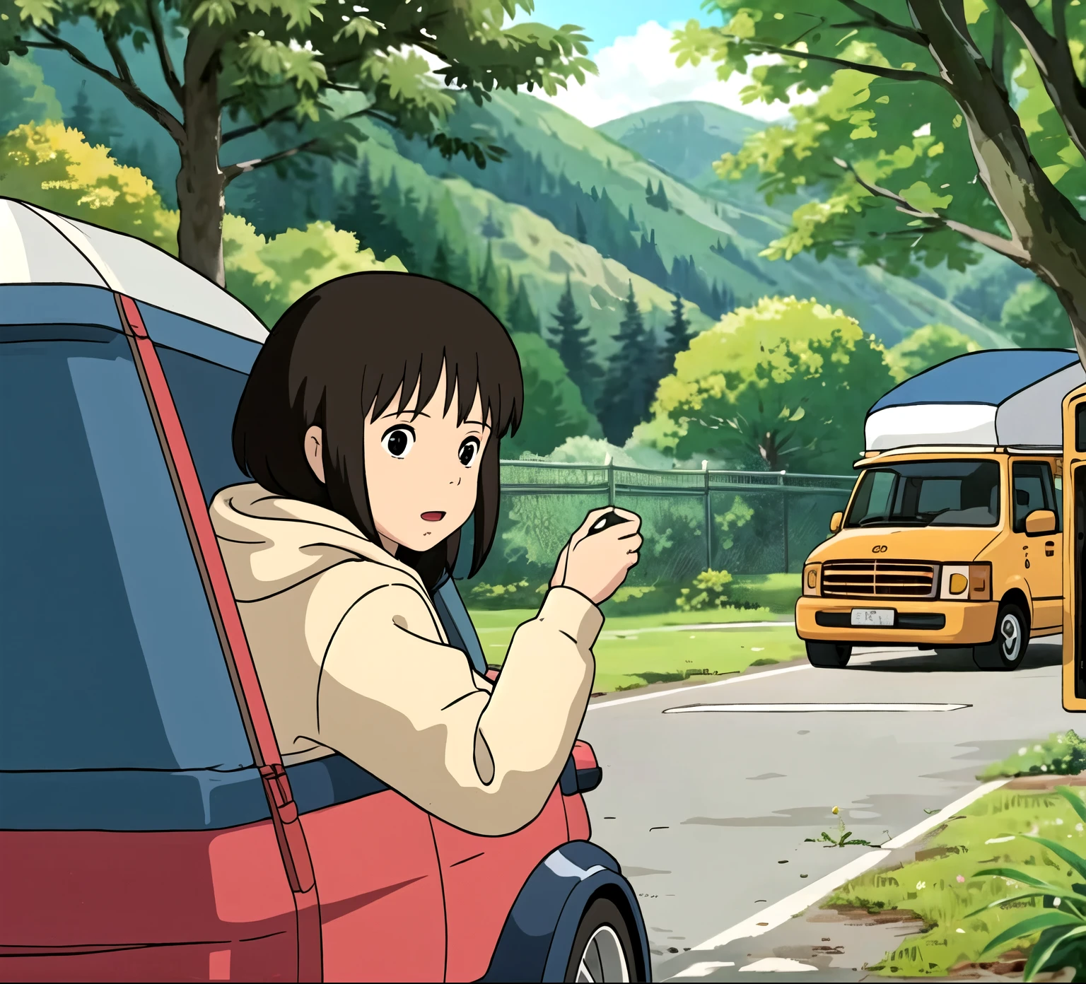 girl、camp、nature、car、tent、hoodie、coffee、Laid back