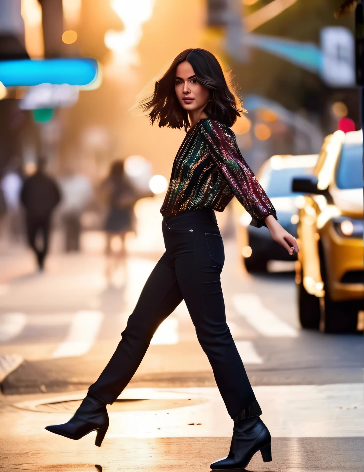 cinematic photo a vibrant  (((ohwx woman))) As Mia from La La Land, dancing through the streets of Los Angeles, her dreams of Hollywood stardom within reach., black long Hair in a playful bob, reflecting her vivacious spirit and artistic aspirations.,   . 35mm photograph, film, bokeh, professional, 4k, highly detailed