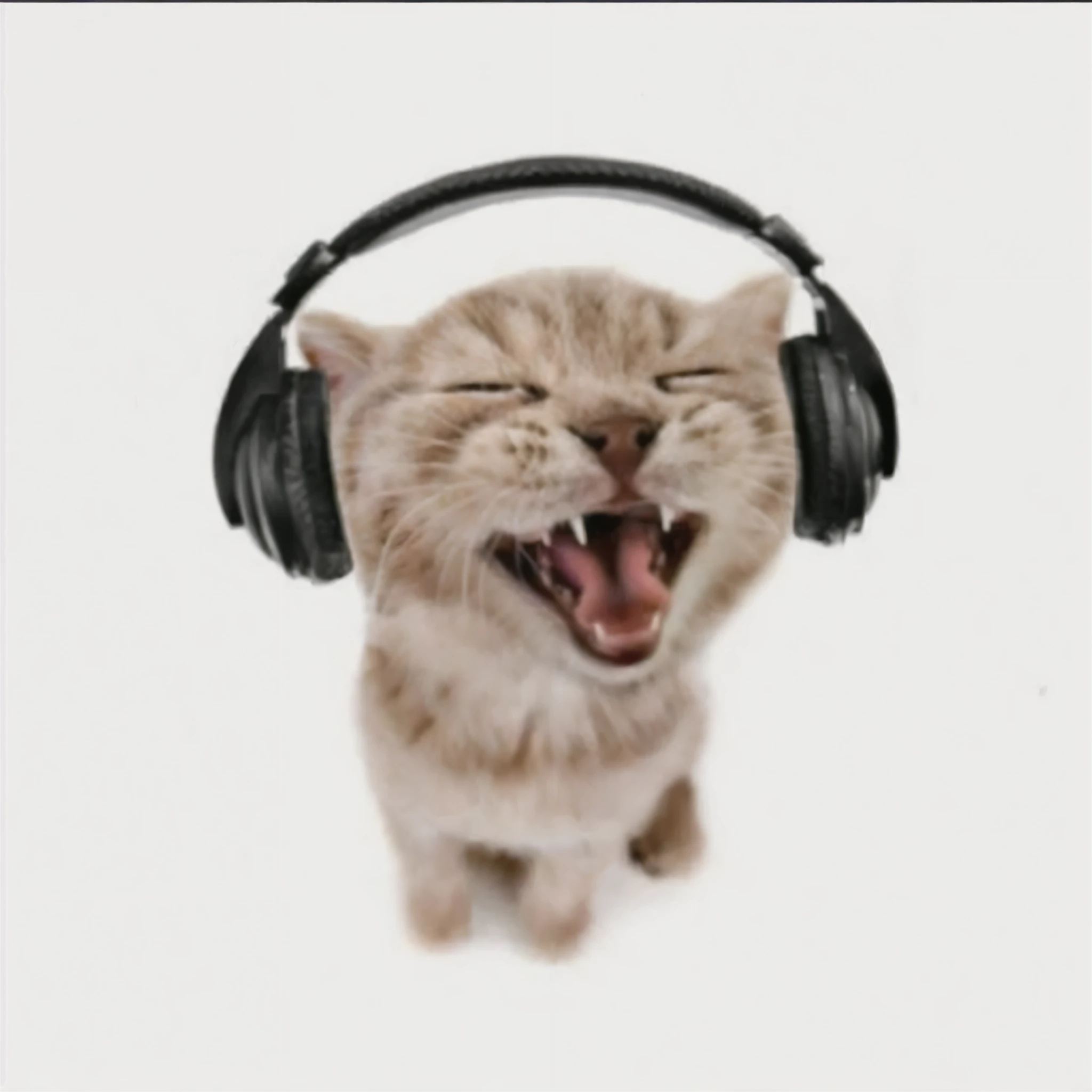cat with headphones on and mouth open, vibing to music, singing for you, listening to music, funny cat, happy cat,