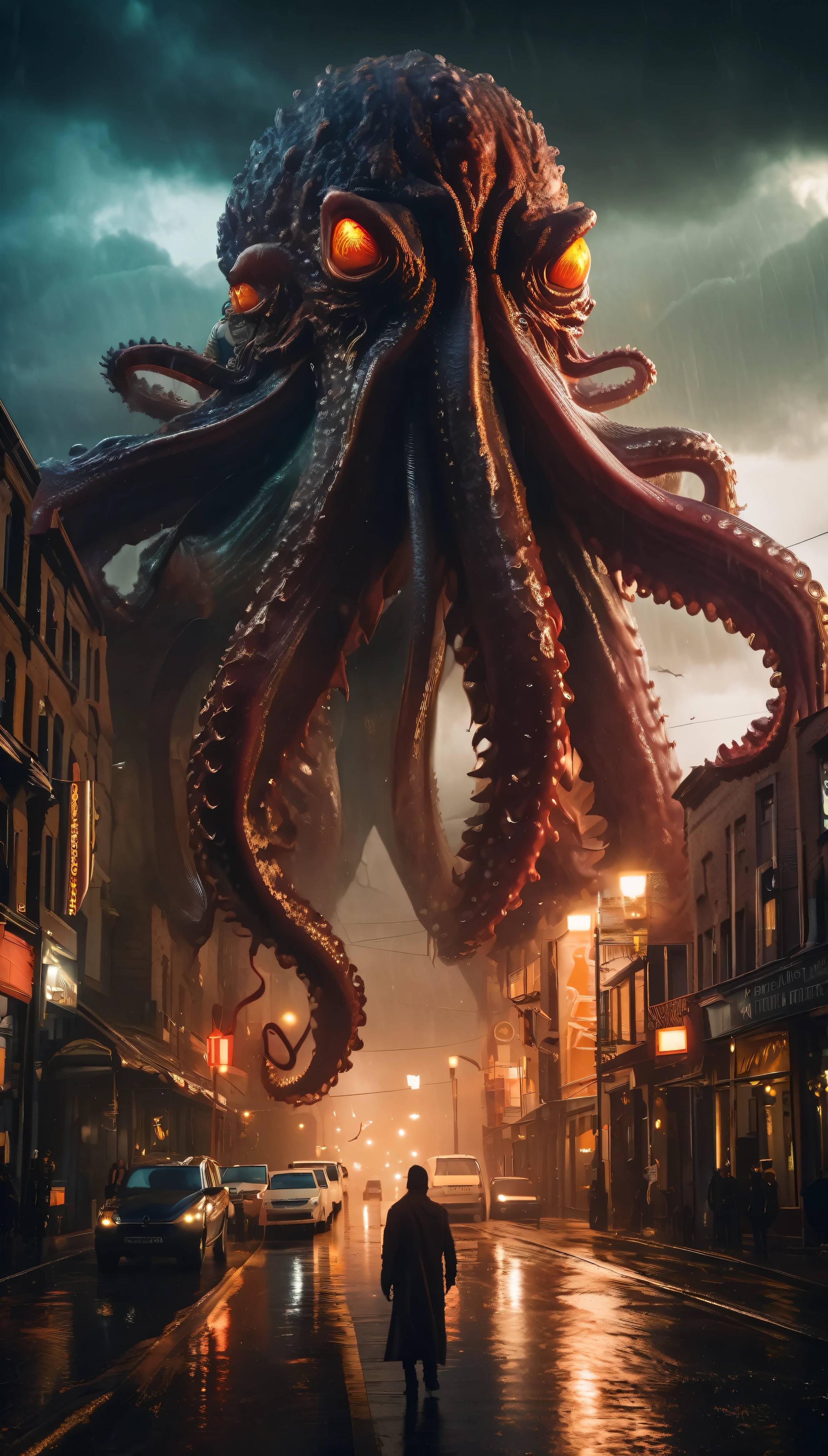 ((masterpiece, RAW photo, best quality, 8k, detailed)), highly detailed, HD photo, hasselblad, cinematic, frontal shot, closeup, cthulhu, towering above a city,  intricate details:1.5, wings, tentacles ,monstrous , abomination, elder god, demon, storm, rain, squid, octopus,mountains in background, lightning, horrific, horror, scary, terrifying, 