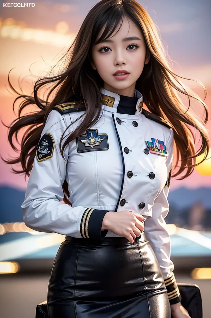 (highest quality, 8K, 32k, masterpiece, UHD:1.2), (realistic:1.5), (masterpiece, Extremely detailed CG unity 8K wallpaper, highest quality, High resolution:1.2), (super detailed, UHD:1.2), Photo of extremely cute and beautiful Japanese woman, (Long chestnut wavy hair:1.2), adult, (detailed beautiful girl:1.4), highest quality, woman, adult, (Detailed US Air Force pilot uniform:1.5), (White Pilot Captain Jacket:1.3), (Black high-waisted pencil skirt:1.3), (Beautiful sunset us air force base runway view background:1.2), laugh shyly:1, looking at the viewer, towards the viewer, ((完璧なwomanの身体)), (tight waist:1.2), (upper body image:1.3), thin, abs, (big breasts:1.25), assemble the head, Wind, dynamic pose, cinematic light, Backlight, fine clothes, perfect anatomy, perfect proportions, detailed human body, stylish model posing,