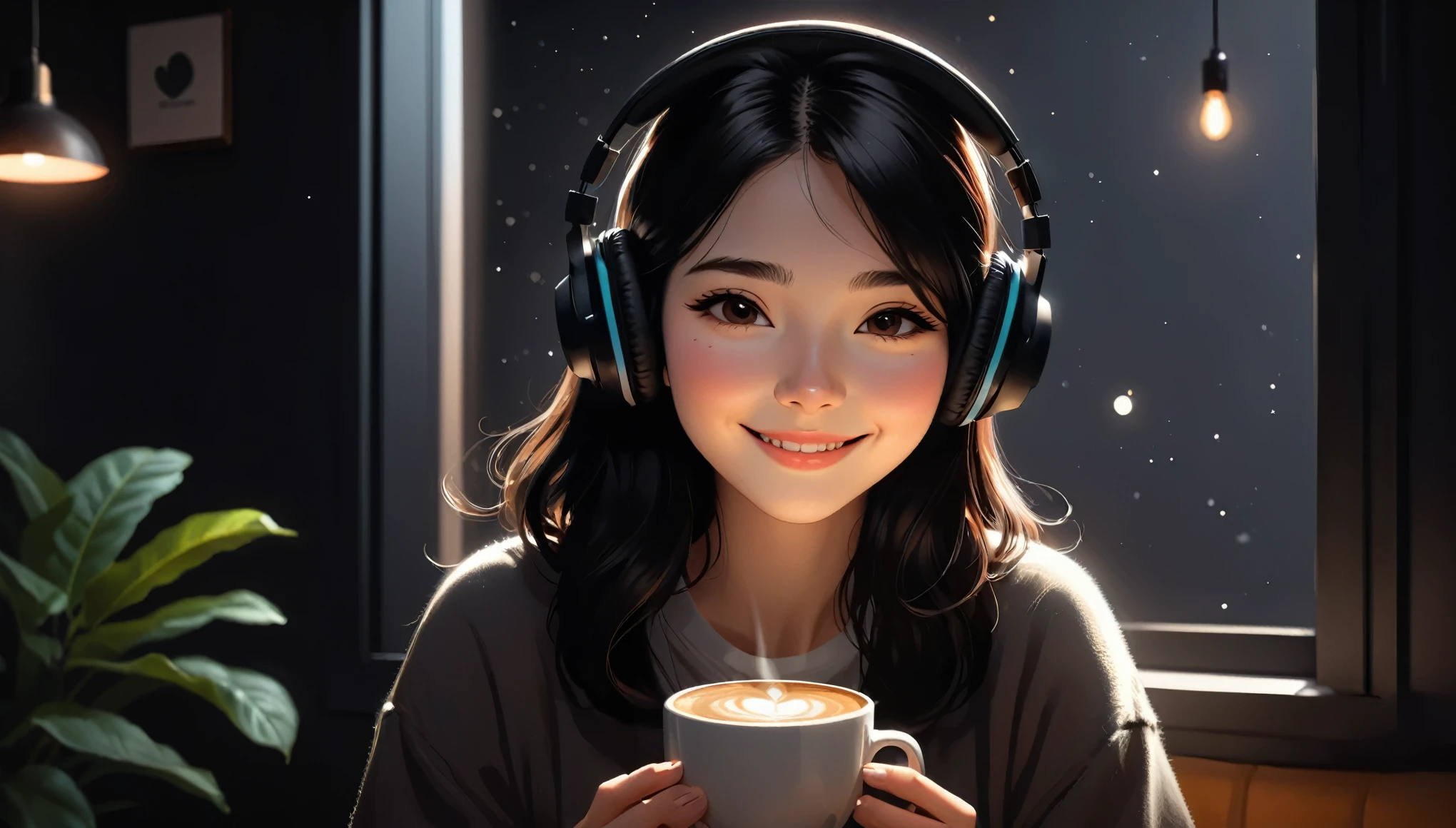 20 year old dark-haired woman、Being Calm、gentle light、black background、Coffee、head shot、Lo-Fi Illustration、a relaxing sight、In a warm room、I feel relieved、smile、Looks fun, with headphones on
