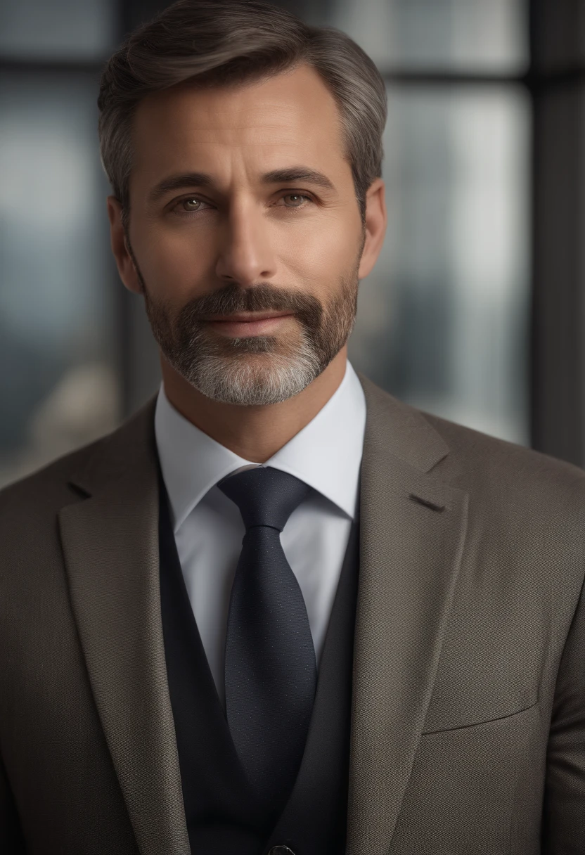realistic portrait of middle-aged business professional, 110 pounds, professionally dressed in a suit and tie, high quality, Highest resolution, looking directly at camera, professional, Beautiful and delicate eyes with a hint of brown, Beautiful and delicate lips, short beard, gray short hair, Goodwill expression, warm smile, Noble appearance, proper lighting, solid color background