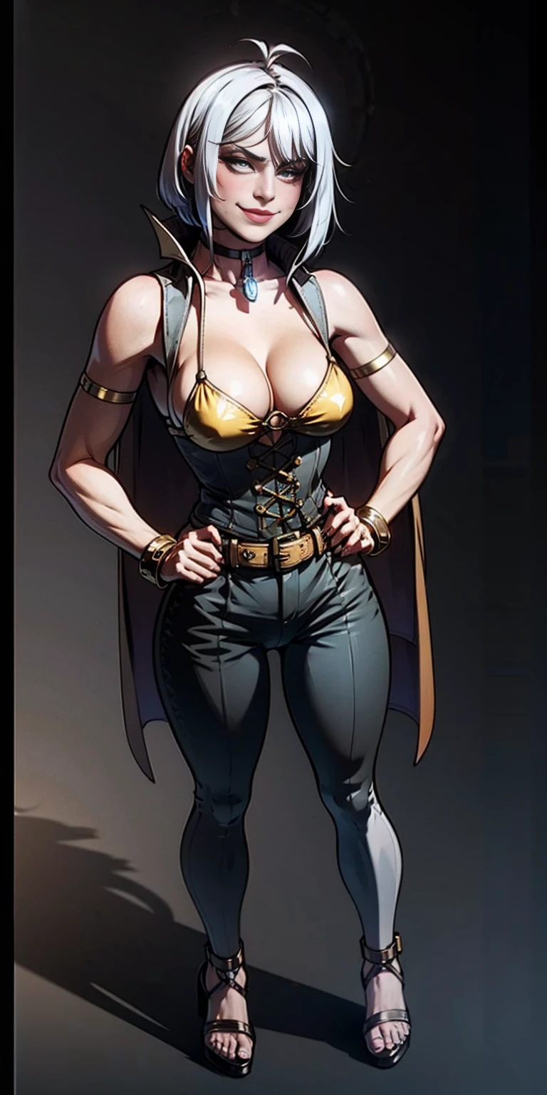 ((BLACK BACKGROUND,1:2, masterpiece)), full body  BIMBO standing with two long thighs and two high heels, red eyes, silver white hair, short bob style hair, , , separate sleeves, tiara royal, long cape up to two feet, yellow bikini, hands on waist, navel,  smirking smiling, smile face (red blushed, red cheeks), metal shoulders, gold sleeveless armbands, black leather choker slave collar, shackle bracelets,  slave red crest, full body  BIMBO standing with two long thighs and two metal sandals, red eyes, silver white hair, short bob style hair, , , separate sleeves, tiara royal, long cape up to two feet, yellow bikini, hands on waist, navel,  smirking smiling, smile face (red blushed, red cheeks), metal shoulders, gold sleeveless armbands, black leather choker slave collar, shackle bracelets,  slave red crest, pauldrons, breastplate, corset, eye focus, full body, whole body. 1solo . slave fighter, loincloth standing, hands on , metal sandals, backpack, choker, big belt, view from below, feet together, bracers, tiara)