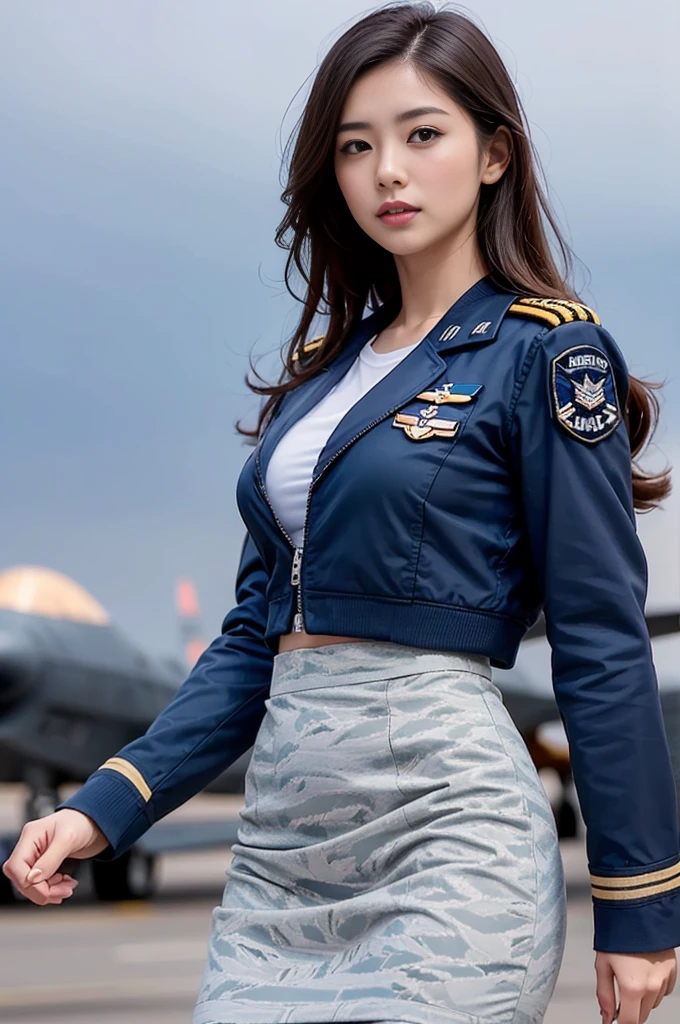 (highest quality, 8K, 32k, masterpiece, UHD:1.2), (realistic:1.5), (masterpiece, Extremely detailed CG unity 8K wallpaper, highest quality, High resolution:1.2), (super detailed, UHD:1.2), Photo of extremely cute and beautiful Japanese woman, (Long chestnut wavy hair:1.2), adult, (detailed beautiful girl:1.4), highest quality, woman, adult, (Detailed US Air Force pilot uniform:1.5), (White Pilot Captain Jacket:1.3), (Black high-waisted pencil skirt:1.3), (Beautiful sunset us air force base runway view background:1.2), laugh shyly:1, looking at the viewer, towards the viewer, ((完璧なwomanの身体)), (tight waist:1.2), (upper body image:1.3), thin, abs, (big breasts:1.25), assemble the head, Wind, dynamic pose, cinematic light, Backlight, fine clothes, perfect anatomy, perfect proportions, detailed human body, stylish model posing,
