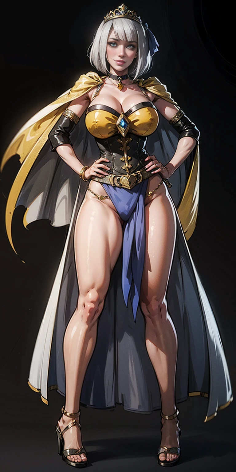 ((BLACK BACKGROUND,1:2, masterpiece)), full body MILF BIMBO standing with two long thighs and two high heels, red eyes, silver white hair, short bob style hair, big breasts, cleavage, separate sleeves, tiara royal, long cape up to two feet, yellow bikini, hands on waist, navel, lustful smirking smiling, smile face (red blushed, red cheeks), metal shoulders, gold sleeveless armbands, black leather choker slave collar, shackle bracelets, sex slave red crest, full body MILF BIMBO standing with two long thighs and two metal sandals, red eyes, silver white hair, short bob style hair, big breasts, cleavage, separate sleeves, tiara royal, long cape up to two feet, yellow bikini, hands on waist, navel, lustful smirking smiling, smile face (red blushed, red cheeks), metal shoulders, gold sleeveless armbands, black leather choker slave collar, shackle bracelets, sex slave red crest, pauldrons, breastplate, corset, eye focus, full body, whole body. 1solo . slave fighter, loincloth standing, hands on hips, metal sandals, backpack, choker, big belt, view from below, feet together, bracers, tiara)