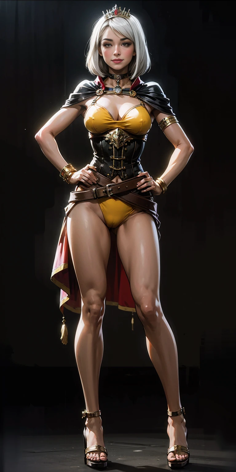 ((BLACK BACKGROUND,1:2, masterpiece)), full body MILF BIMBO standing with two long thighs and two high heels, red eyes, silver white hair, short bob style hair, big breasts, cleavage, separate sleeves, tiara royal, long cape up to two feet, yellow bikini, hands on waist, navel, lustful smirking smiling, smile face (red blushed, red cheeks), metal shoulders, gold sleeveless armbands, black leather choker slave collar, shackle bracelets, sex slave red crest, full body MILF BIMBO standing with two long thighs and two metal sandals, red eyes, silver white hair, short bob style hair, big breasts, cleavage, separate sleeves, tiara royal, long cape up to two feet, yellow bikini, hands on waist, navel, lustful smirking smiling, smile face (red blushed, red cheeks), metal shoulders, gold sleeveless armbands, black leather choker slave collar, shackle bracelets, sex slave red crest, pauldrons, breastplate, corset, eye focus, full body, whole body. 1solo . slave fighter, loincloth standing, hands on hips, metal sandals, backpack, choker, big belt, view from below, feet together, bracers, tiara)