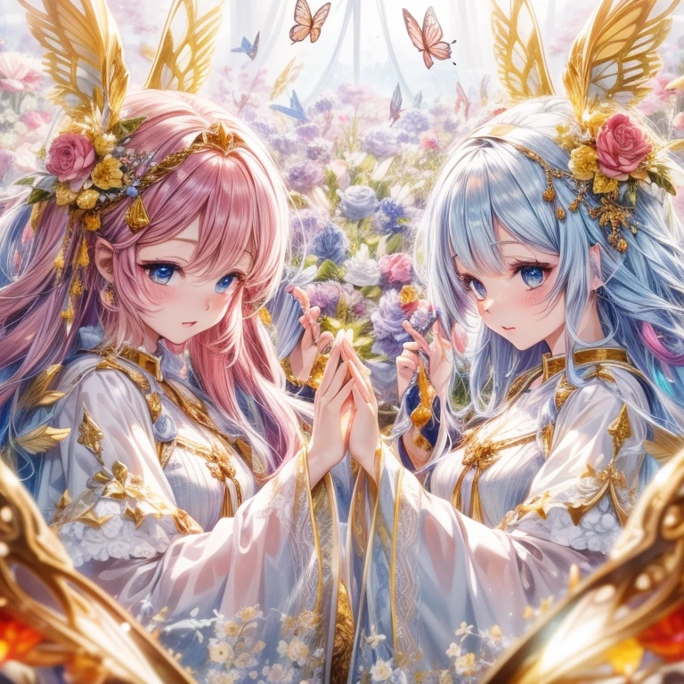 High quality high resolution super detailed otherworldly waifu fantasy pictures, Two fairy queens with butterfly wings, Pink hair and white hair, Elegant faces looking at each other, Blessed in front of the Archbishop's blessing during the Ceremony of Coloring, fanfare, Large audience in the background