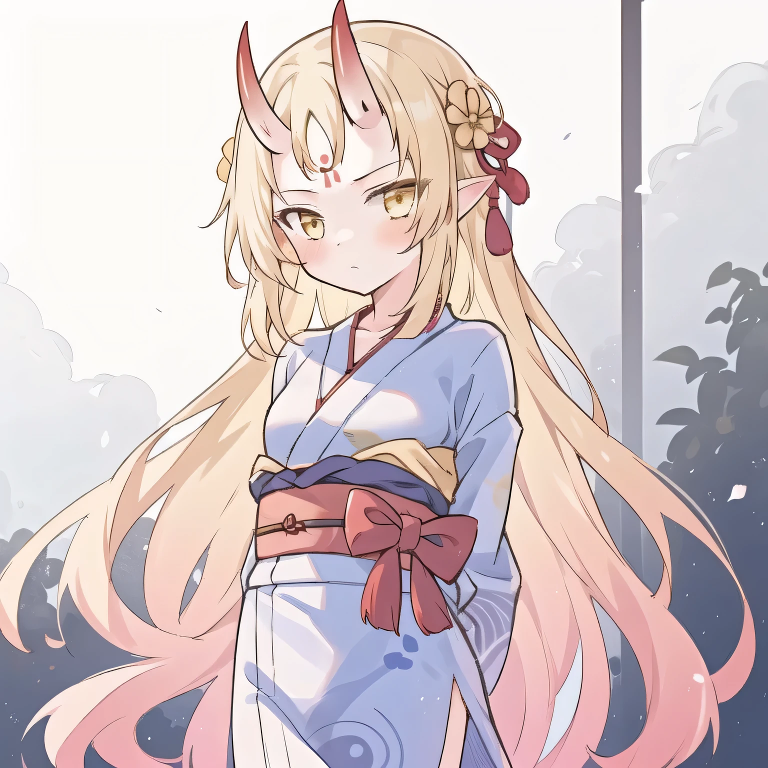 Masterpiece, best quality, 1girl, solo, flat chest, Oni horns, yellow eyes, blonde hair, forehead, very long hair, yukata, Japanese clothes, yellow yukata, cleavage, serious, neutral, arms behind back, looking at viewer