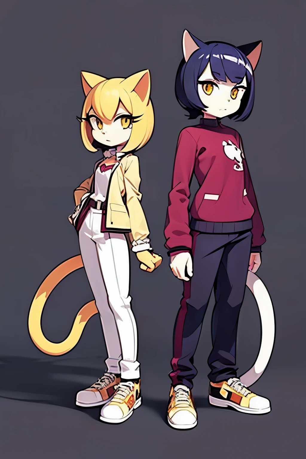 a full shot of two characters, (((Cat OC))), ((female characters)) in common fitting clothes