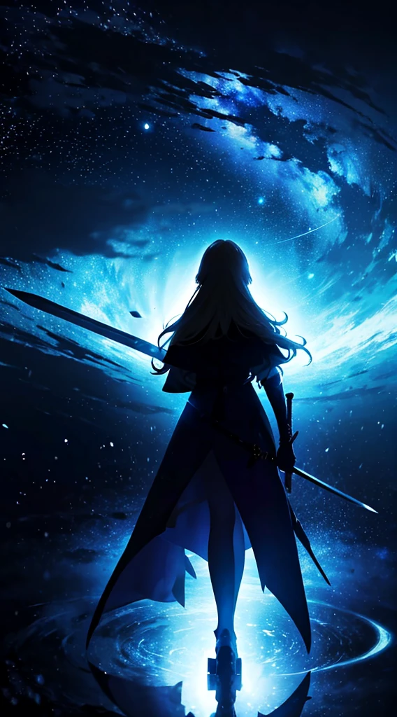 starry sky，１people,　blonde long hair，long coat，sword，silhouette， Rear view，space sky, anime style,
