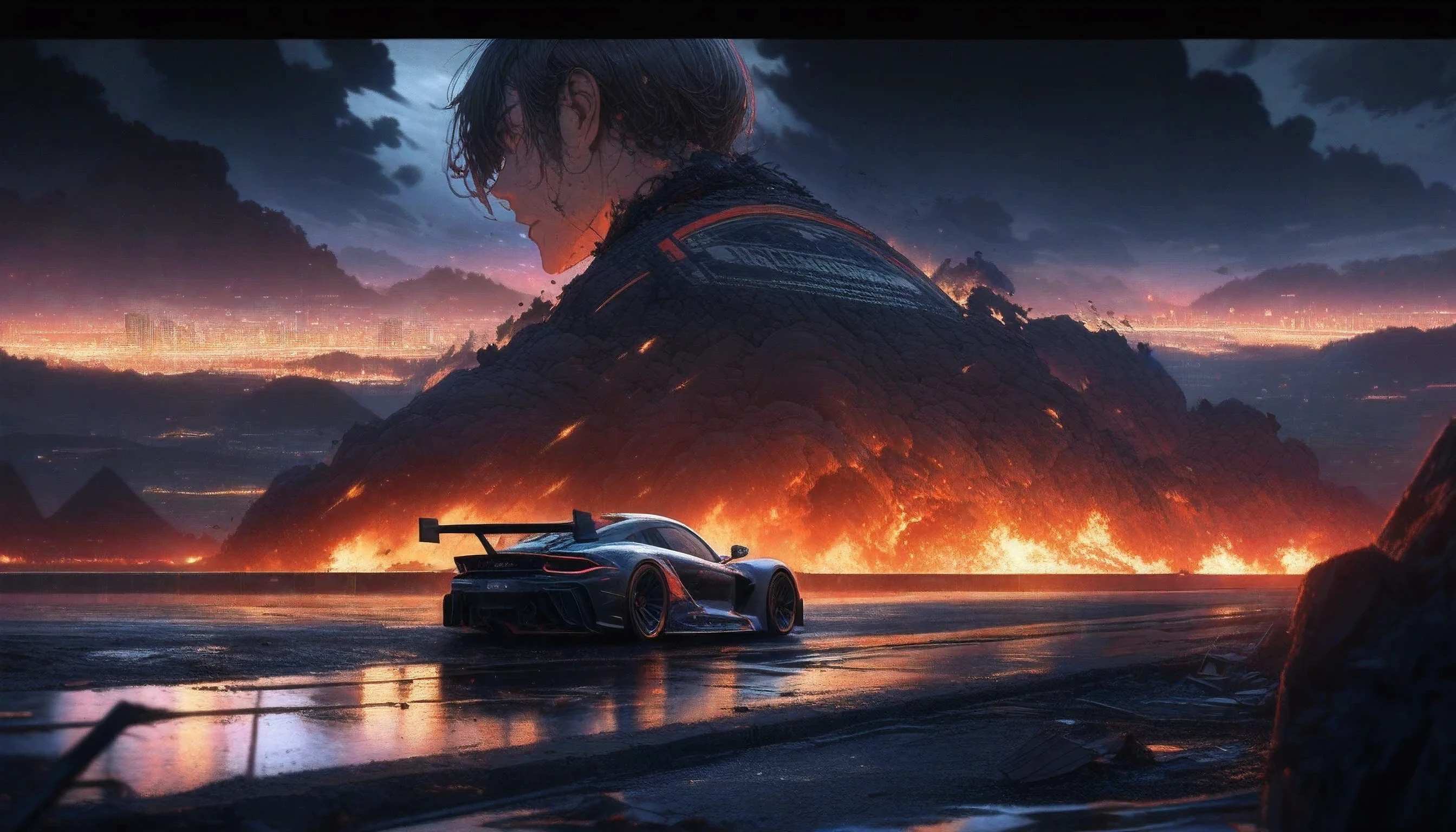 a professional male having attractive physiqui singer standing next to a black superracing car staring into the distance from a hillside road, detailed city on fire far away, night sky, nighttime, beautiful night skies, back view, digital art, cloudy atmosphere, ultra details, 8k, apocalyptic image, ultra detail, broken streetlights, detailed water puddles.