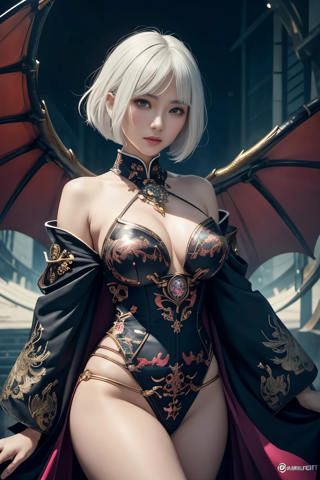 Kyoto Animation stylized anime mixed with tradition Chinese artworks~ A dragon flying at modern cyberpunk fantasy world. Cinematic Lighting, ethereal light, intricate details, extremely detailed, incredible details, full colored, complex details, insanely detailed and intricate, hypermaximalist, extremely detailed with rich colors. masterpiece, best quality, aerial view, HDR, UHD, unreal engine. plump looking at the camera, smooth thighs, (glittery jewelry) ((acrylic illustration, by artgerm, by kawacy, by John Singer Sargenti) dark Fantasy background, glittery jewelry, Representative, fair skin, beautiful face, Rich in details High quality, gorgeous, glamorous, 8k, super detail, gorgeous light and shadow, detailed decoration, detailed lines,bob haircut,white hair