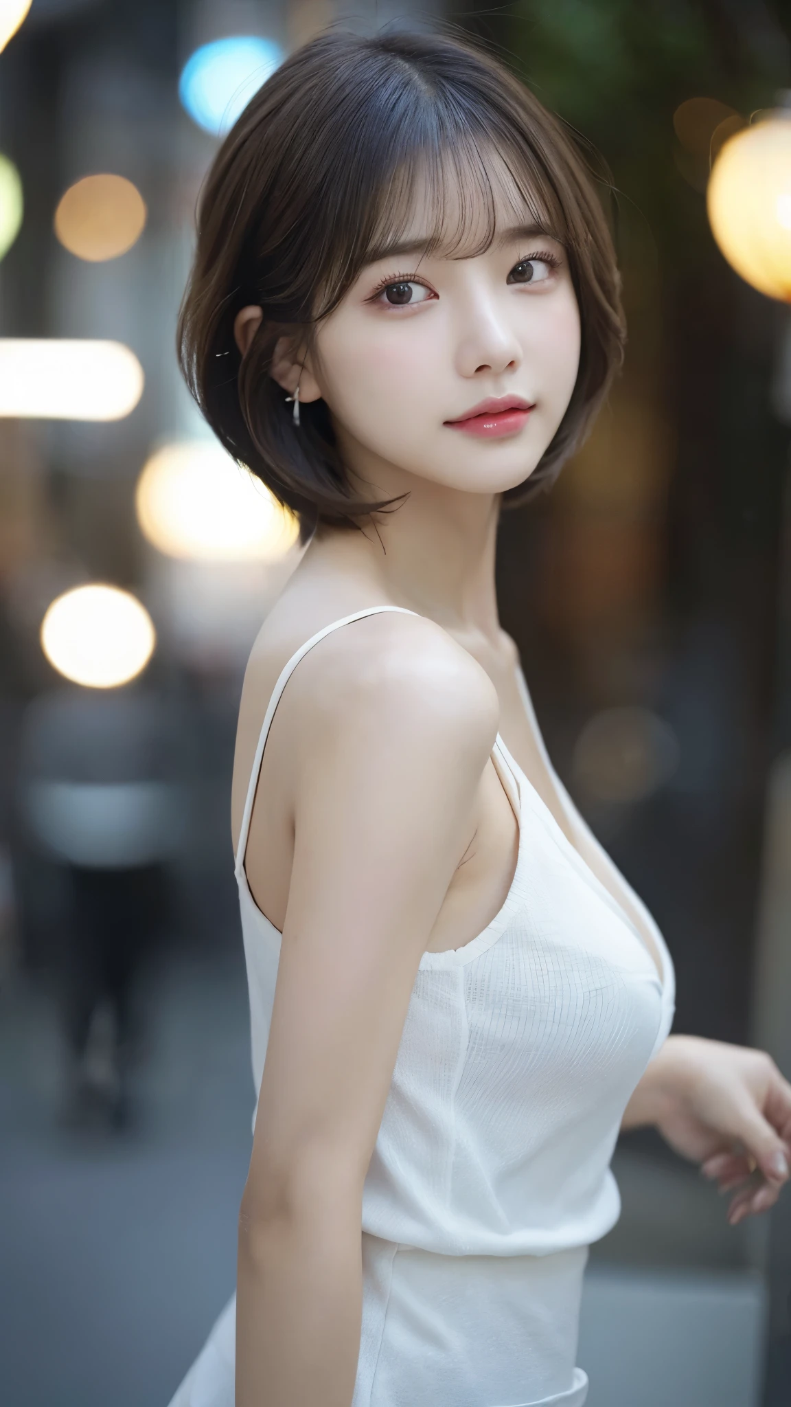 Woman standing upright facing the camera、Emphasize the cleavage、lightly dressed、exposed、thin white shirt、(highest quality,masterpiece:1.3,超A high resolution,),(super detailed,caustics),(Photoreal:1.4,RAW shooting,)ultra-realistic capture,very detailed,High definition 16K for human skin、 Natural skin texture、、Skin looks even-toned and healthy、 Use natural light and color,one woman,Japanese,,cute,Grey-haired,middle hair,(Depth of the bounds written、chromatic aberration、、wide range of lighting、natural shading、)、(outdoor lights at night:1.4)、(hair swaying in the wind:1)、short hair、hair ornaments、Put on your ears、Fluffy Bob Cut