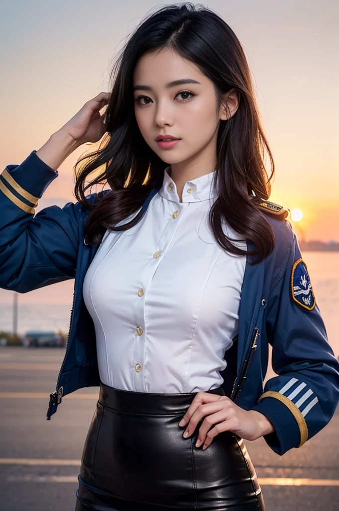 (highest quality, 8K, 32k, masterpiece, UHD:1.2), (realistic:1.5), (masterpiece, Extremely detailed CG unity 8K wallpaper, highest quality, High resolution:1.2), (super detailed, UHD:1.2), Photo of extremely cute and beautiful Japanese woman, (Long chestnut wavy hair:1.2), adult, (detailed beautiful girl:1.4), highest quality, woman, adult, (Detailed US Air Force pilot uniform:1.5), (White Pilot Captain Jacket:1.3), (Black high-waisted pencil skirt:1.3), (Beautiful sunset us air force base runway view background:1.2), laugh shyly:1, looking at the viewer, towards the viewer, ((完璧なwomanの身体)), (tight waist:1.2), (upper body image:1.3), thin, abs, (big breasts:1.25), assemble the head, Wind, dynamic pose, cinematic light, Backlight, fine clothes, perfect anatomy, perfect proportions, detailed human body, stylish model posing,