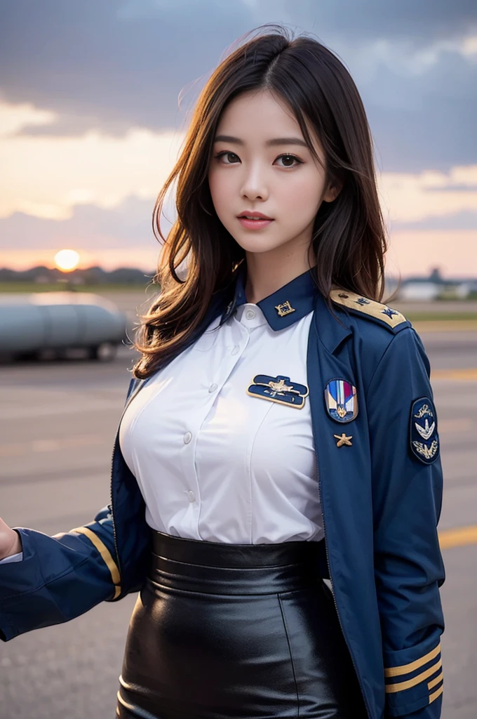 (highest quality, 8K, 32k, masterpiece, UHD:1.2), (realistic:1.5), (masterpiece, Extremely detailed CG unity 8K wallpaper, highest quality, High resolution:1.2), (super detailed, UHD:1.2), Photo of extremely cute and beautiful Japanese woman, (Long chestnut wavy hair:1.2), adult, (detailed beautiful girl:1.4), highest quality, woman, adult, (Detailed US Air Force pilot uniform:1.5), (White Pilot Captain Jacket:1.3), (Black high-waisted pencil skirt:1.3), (Beautiful sunset us air force base runway view background:1.2), laugh shyly:1, looking at the viewer, towards the viewer, ((完璧なwomanの身体)), (tight waist:1.2), (upper body image:1.3), thin, abs, (big breasts:1.25), assemble the head, Wind, dynamic pose, cinematic light, Backlight, fine clothes, perfect anatomy, perfect proportions, detailed human body, stylish model posing,
