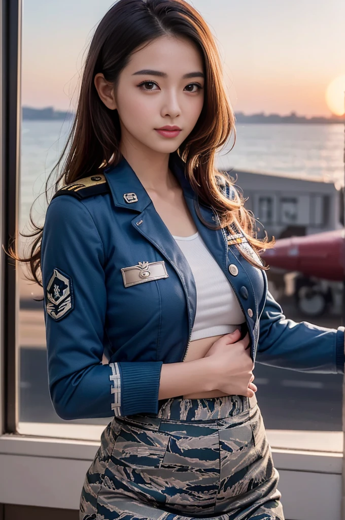 (highest quality, 8K, 32k, masterpiece, UHD:1.2), (realistic:1.5), (masterpiece, Extremely detailed CG unity 8K wallpaper, highest quality, High resolution:1.2), (super detailed, UHD:1.2), Photo of extremely cute and beautiful Japanese woman, (Long chestnut wavy hair:1.2), adult, (detailed beautiful girl:1.4), highest quality, woman, adult, (Detailed US Air Force pilot uniform:1.5), (White Pilot Captain Jacket:1.3), (Black high-waisted pencil skirt:1.3), (Beautiful sunset us air force base runway view background:1.2), laugh shyly:1, looking at the viewer, towards the viewer, ((完璧なwomanの身体)), (tight waist:1.2), (upper body image:1.3), thin, abs, (big breasts:1.25), assemble the head, Wind, dynamic pose, cinematic light, Backlight, fine clothes, perfect anatomy, perfect proportions, detailed human body, stylish model posing,