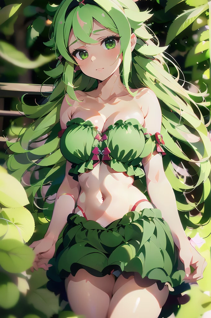 (masterpiece, best quality), best quality, best resolution, (ultra-detailed), (3heads:1.5), 1girl, (fuma mishandra:1.3), masterpiece, best quality, ultra quality, ultra resolution, ultra detail, black top, crop top, ((stomach)), midriff, ((groin)), black skirt, miniskirt, normal ears, shackles, green hair, very long hair, wavy hair, sidelocks, green eyes, parted lips, open belly, sweat, cute, toned belly, hand on own chest, eyelashes, (24 year old woman:1.3), (masterpiece:1.5), (best quality:1.5), (beautiful detailed), extremely detailed CG, extremely delicate and beautiful, depth of field, (finely detailed face), (perfect details:1.2), (mature female:1.3), wide pelvis, slender, large veiny breast, 16k resolution, highres, high quality, high definition, extremely detailed, masterpiece, green hair, long hair, alluring presence, twin braid, short skirt, close up, big tits, young,