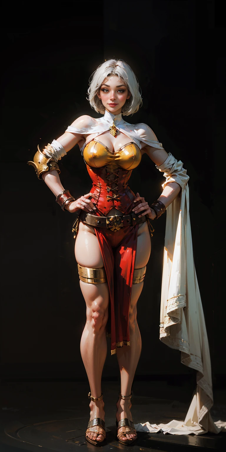 ((BLACK BACKGROUND,1:2, masterpiece)), full body MILF BIMBO standing with two long thighs and two high heels, red eyes, silver white hair, short bob style hair, big breasts, cleavage, separate sleeves, tiara royal, long cape up to two feet, yellow bikini, hands on waist, navel, lustful smirking smiling, smile face (red blushed, red cheeks), metal shoulders, gold sleeveless armbands, black leather choker slave collar, shackle bracelets, sex slave red crest, full body MILF BIMBO standing with two long thighs and two metal sandals, red eyes, silver white hair, short bob style hair, big breasts, cleavage, separate sleeves, tiara royal, long cape up to two feet, yellow bikini, hands on waist, navel, lustful smirking smiling, smile face (red blushed, red cheeks), metal shoulders, gold sleeveless armbands, black leather choker slave collar, shackle bracelets, sex slave red crest, pauldrons, breastplate, corset, eye focus, full body, whole body. 1solo . slave fighter, loincloth standing, hands on hips, metal sandals, backpack, choker, big belt, view from below, feet together, bracers, tiara)