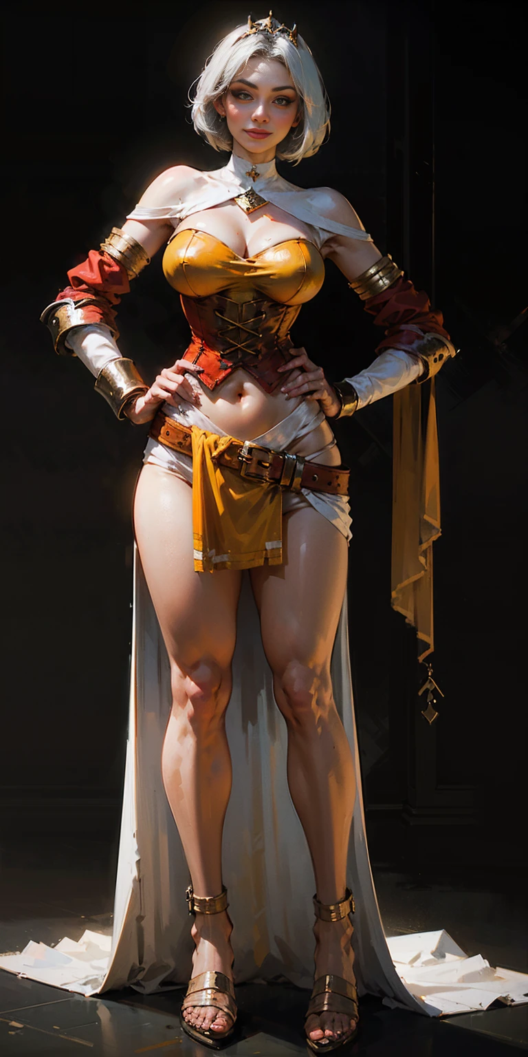((BLACK BACKGROUND,1:2, masterpiece)), full body MILF BIMBO standing with two long thighs and two metal sandals, red eyes, silver white hair, short bob style hair, big breasts, cleavage, separate sleeves, tiara royal, long cape up to two feet, yellow bikini, hands on waist, navel, lustful smirking smiling, smile face (red blushed, red cheeks), metal shoulders, gold sleeveless armbands, black leather choker slave collar, shackle bracelets, sex slave red crest, pauldrons, breastplate, corset, eye focus, full body, whole body. 1solo . slave fighter, loincloth standing, hands on hips, metal sandals, backpack, choker, big belt, view from below, feet together, bracers, tiara)