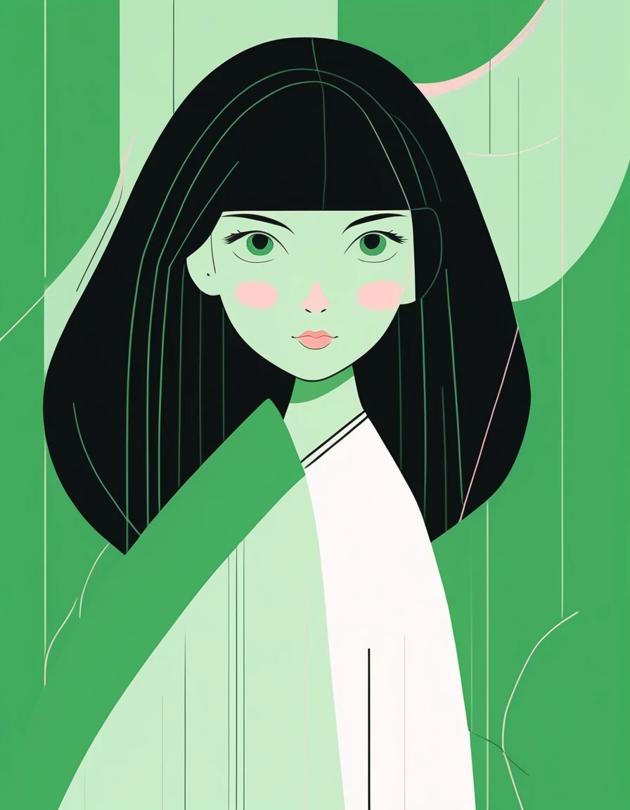 a girl,simple lines and outline,stripes and shapes,soft color tone,green,black background,flat illustration,look into the camera,Minimalism