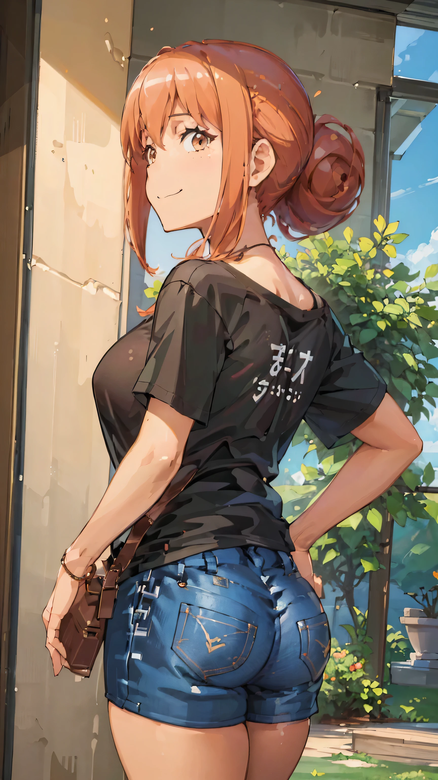 ((highest quality, 8K, masterpiece :1.3)),super detailed face, 1 adult female,Yuigahama Yui&#39;s mother,As I expected, my youth romantic comedy is wrong。,Gahamama,plump body,big breasts,bun hair,smile,white t-shirt,jeans,backwards,big butt