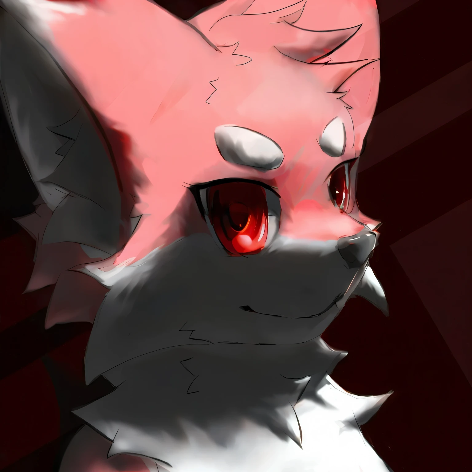 there is a drawing of a cat with Red eyes and a Red nose, Portrait of human fox, Pink Fox, glowing Red eyes, shadow!!!, Glowing pink eyes, with glowing Red eyes, Red glowing eyes, bright Red eyes, Red eyes glowing, with Red glowing eyes, animal art, ((Red)) bags under eyes, Gorgeous werewolf fox beast
