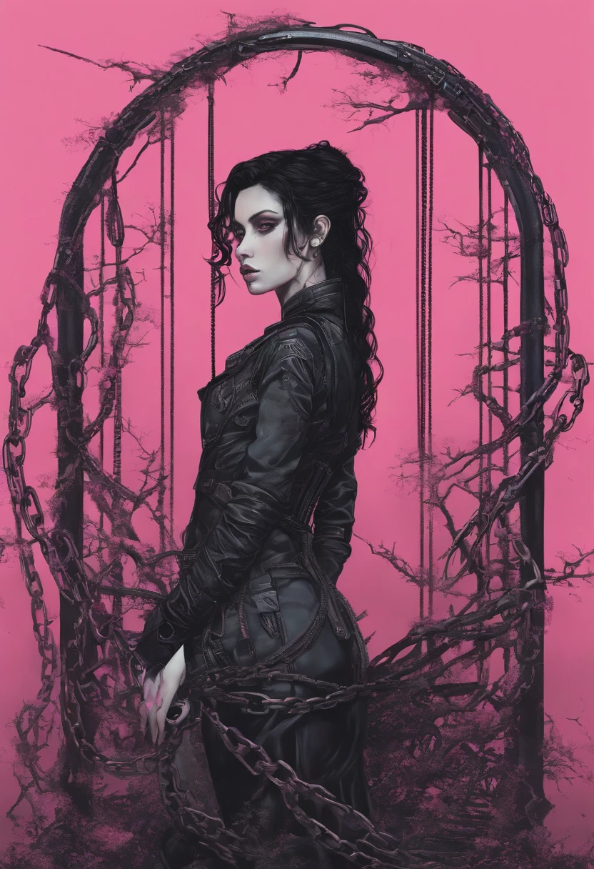 hybrid, dark haired women, body intricate in bonsai , chains on , pink background , gothic style ,neon light 