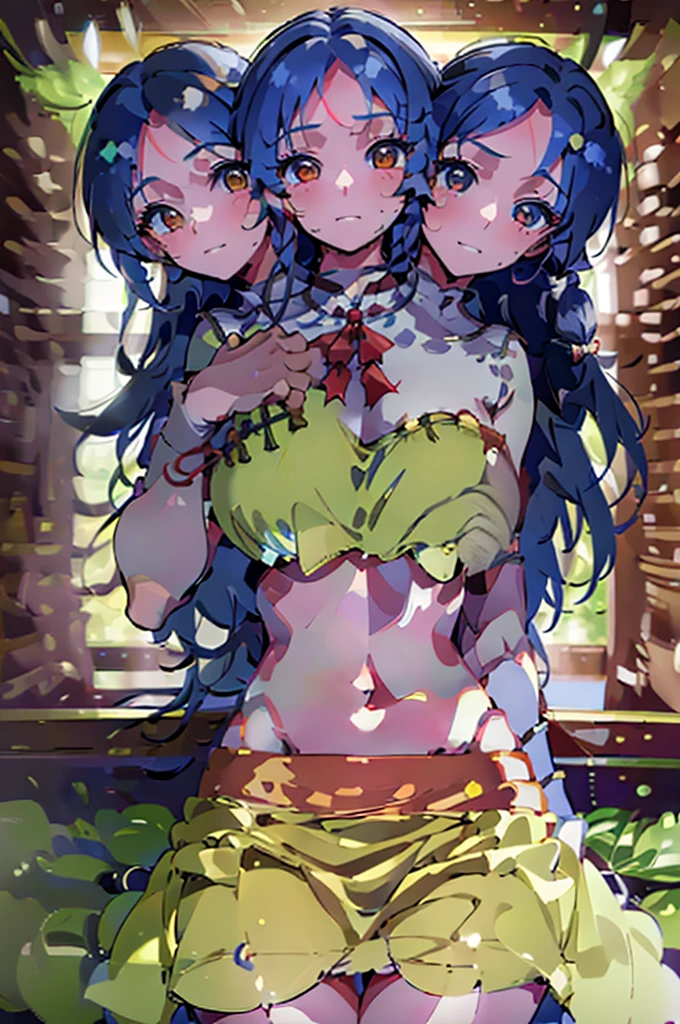 (masterpiece, best quality),best quality, (ultra-detailed), (3heads:1.5), 1girl, (label girl (dipp):1.3), masterpiece, ultra quality, ultra resolution, ultra detail, best quality, white top, crop top, ((stomach)), midriff, ((groin)), red skirt, normal ears, ????????, blue hair, very long hair, wavy hair, sidelocks, yellow eyes, parted lips, open belly, sweat, cute, toned belly, hand on own ?????, eyelashes, (22 year old woman:1.3), (masterpiece:1.5), (best quality:1.5), (beautiful detailed extremely detailed CG, extremely delicate and beautiful, depth of field, (finely detailed face), (perfect details:1.2), (mature female:1.3), wide pelvis, slender, large veiny ??????, 8k resolution, high quality, high definition, extremely detailed, masterpiece, best quality, blue hair, long hair, alluring presence, braid, short skirt, close up, big ????, young, star hair ornament, yellow ribbon, side ponytail, cabbie hat, hair ornament,