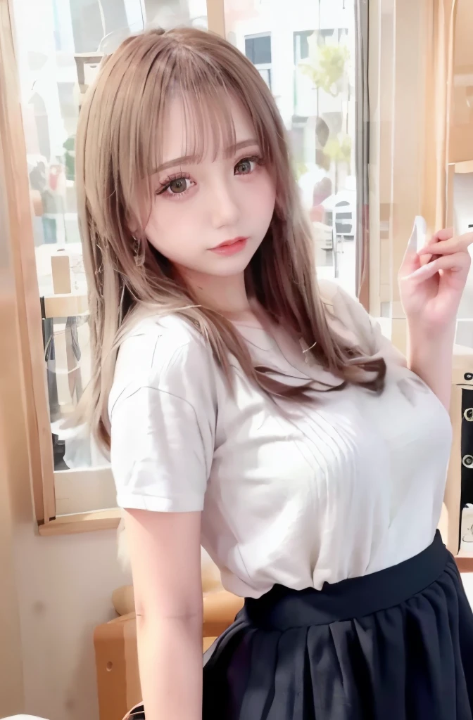 ((panty shot:1.3)),((skirt lift:1.3)),((panty shot:1.3)),((skirt lift:1.3)),((panty shot:1.3)),((skirt lift:1.3)),1 girl, single, alone, Beautiful woman、((I could see the whole body:1.3))、 ((middle wave hair, bangs, brown hair)), ((brown eyes, beautiful eyelashes, realistic eyes)), ((detailed face, blush:1.2)), ((smooth texture:0.75, realistic texture:0.65, realistic:1.1, Anime CG style)), perfect body, (( white shirt)), ((black skirt:1.3)), 1 girl,(highest quality,4k,8K,High resolution,masterpiece:1.2),1 Beautiful woman,18-year-old,35mm lens,f/1,considerable breasts,soft sunlight,bright colors,playful expression