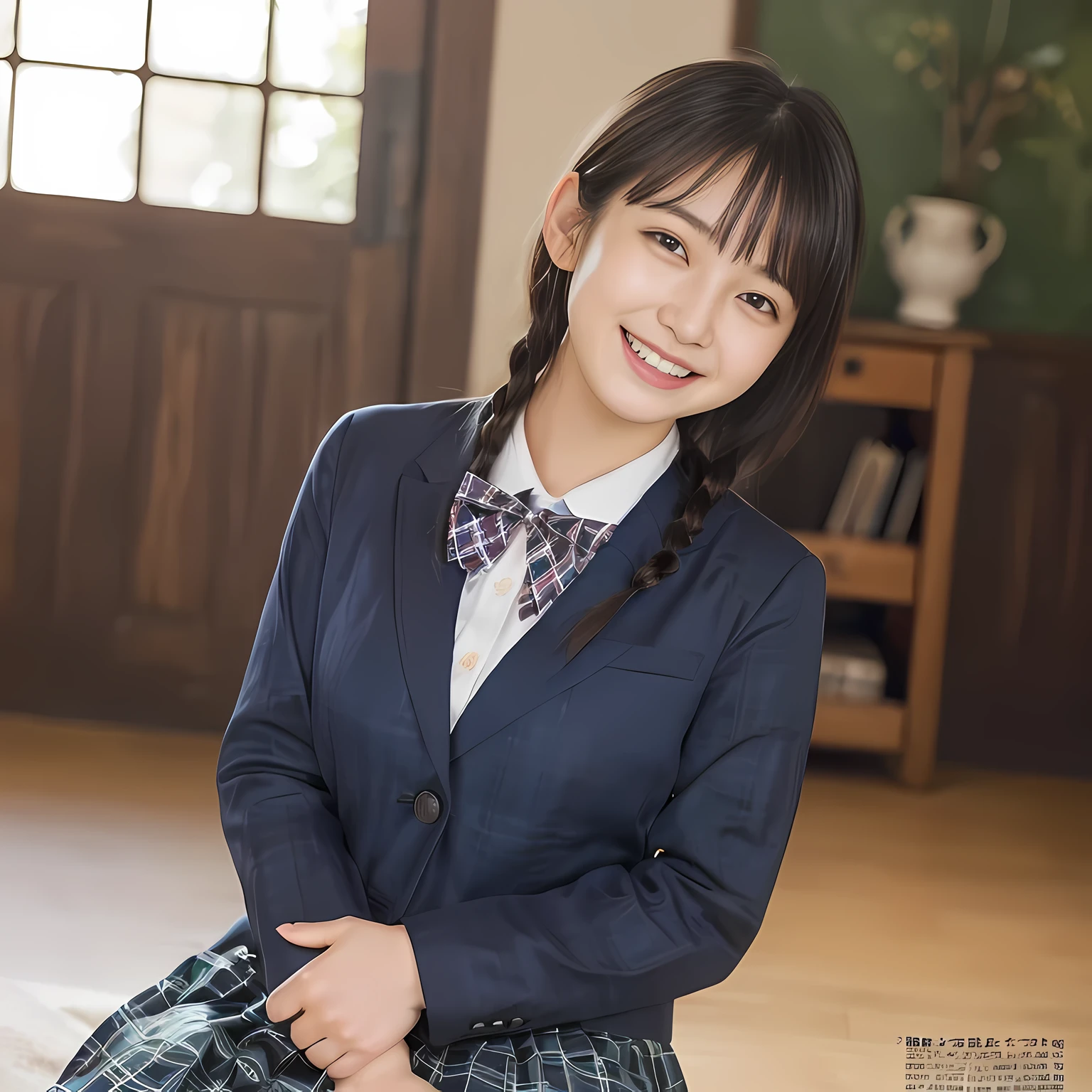 (highest quality、masterpiece:1.2)、highest quality、realistic、photograph、High resolution、1080p、8K、The face is especially pale., physical rendering、((Height: 155cm)), one Japanese girl、((A 15-year-old Japanese junior high school student is sitting)), (((Fashion model in a Japanese magazine))), , (((big very detailed beautiful dark brown eyes))), ((blue girly large wine-red glossy polyester Japanese school ribbon bow tie)), (((black beautiful long twin braids hair))), ((((deep blue colored tartan checkered formal long pleated pleated skirt)))), ((A formal dark blue blazer that is slightly oversized and has an emblem on the left chest.)), ((((((laughing at me!)))))), mouth is open, The large blazer and skirt are very cute., detailed fingers, Slender body, ((curled bangs)), so beautiful, long eyelashes, ((Very big and very very very cute eyes of a Japanese girl)), ((large pupils)), double eyelids, The entire skirt is photographed, thin eyebrows, ((drooping eyes)), ((long eyelashes)), ((cute lovely lovely laughing laughing cheeks)), ((Pure white light hits her face from above and in the front, making her skin and eyes shine beautifully.)), ((Strong light hits the nose and cheeks、It brings out the richness of the expression.)), (((((Her face is expressive, pure and very intelligent.))))), (((Shot from the right side)))