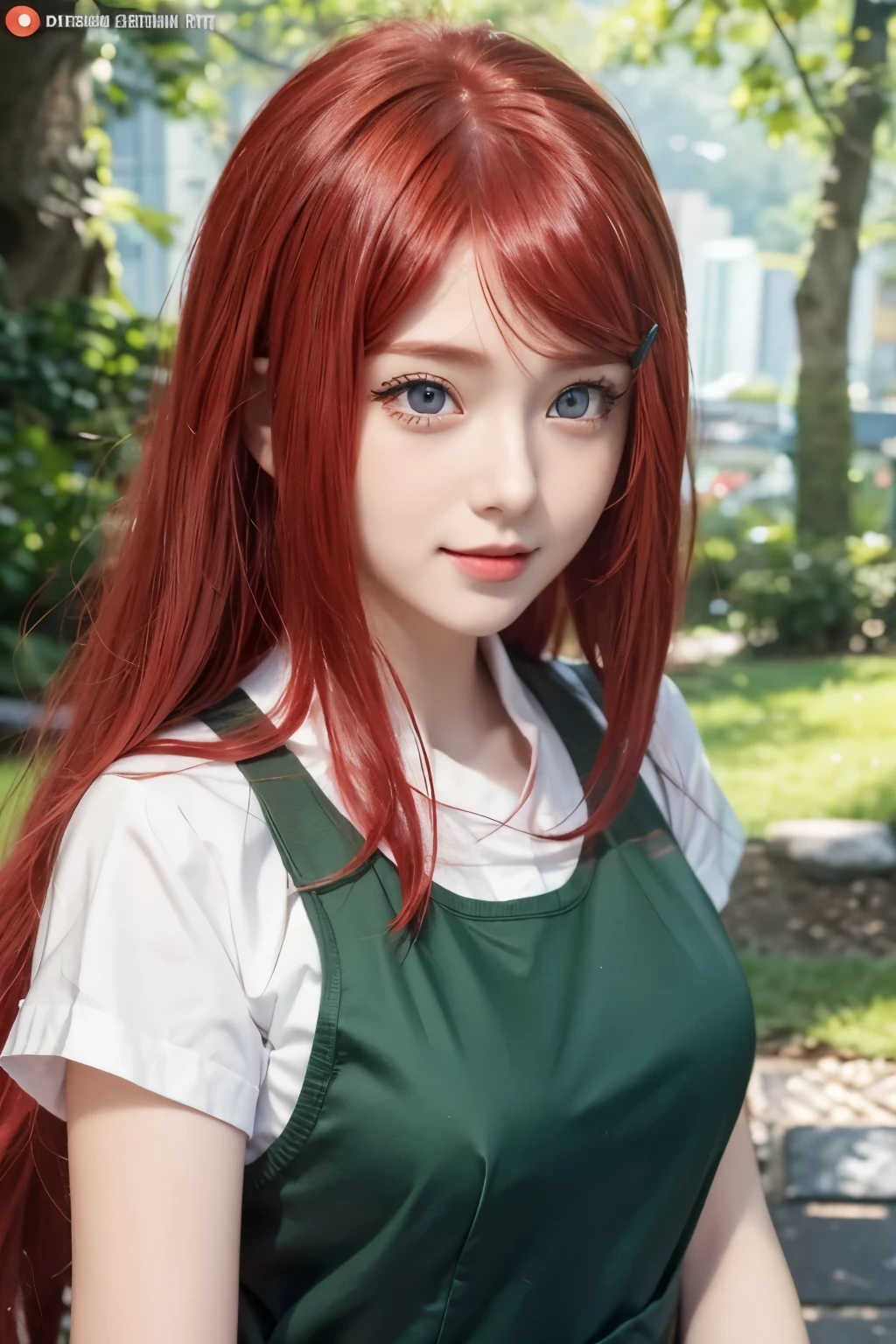 1girl, uzumaki in anime noruto, red hair, blue eyes, beautifull, smile, green clothes, city background, ultra detail, realistic, red lips , face swep Realistic , Fery nice ,cute girl 