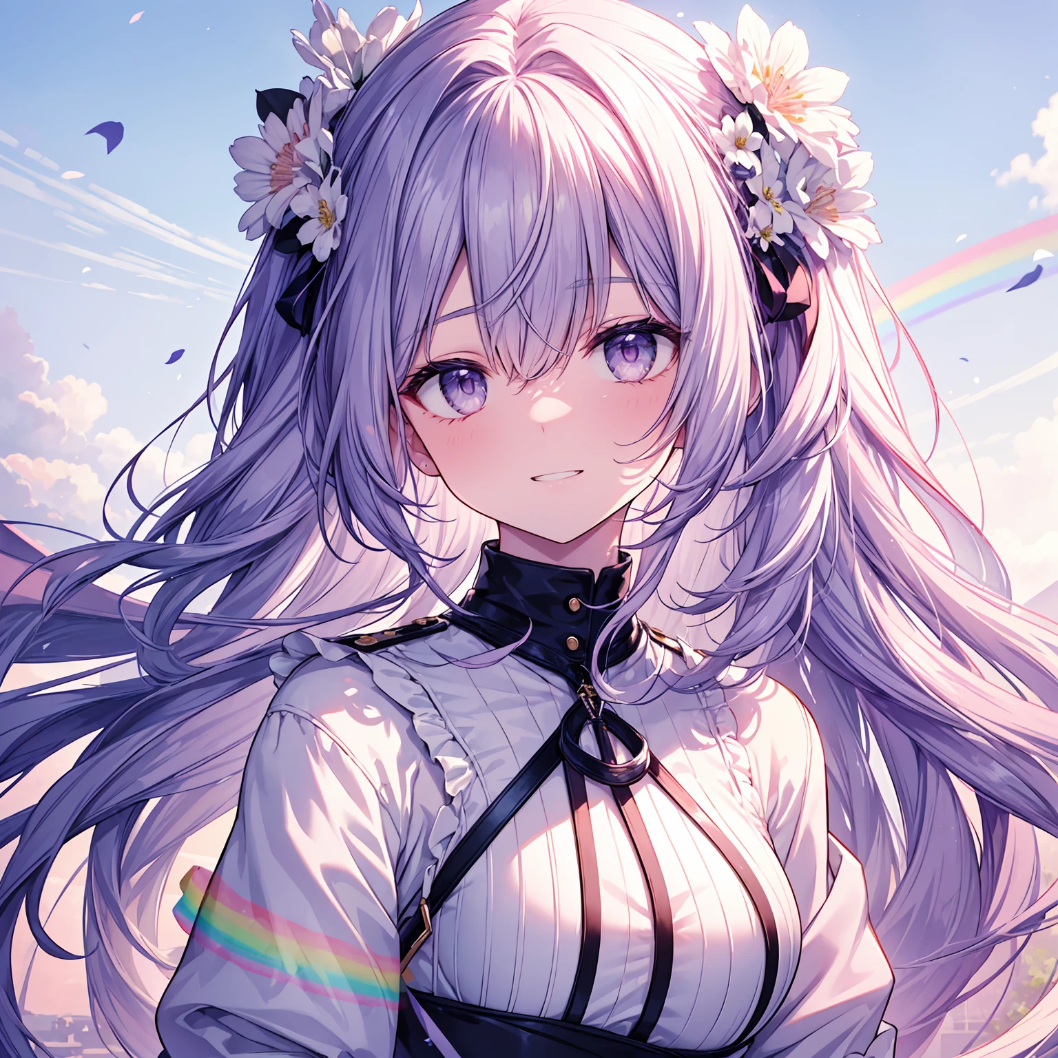 long-focus, back of head, longuette, girlan extremely delicate and beautiful girl, 30 years old, long hair blown up, big hair with flower, asymmetrical bangs, eyes visible through hair, rainbow hair, Iridescence and rainbow hair, handsome, evil grin, beautiful detailed eyes, furry, pink violet Clothes,white background