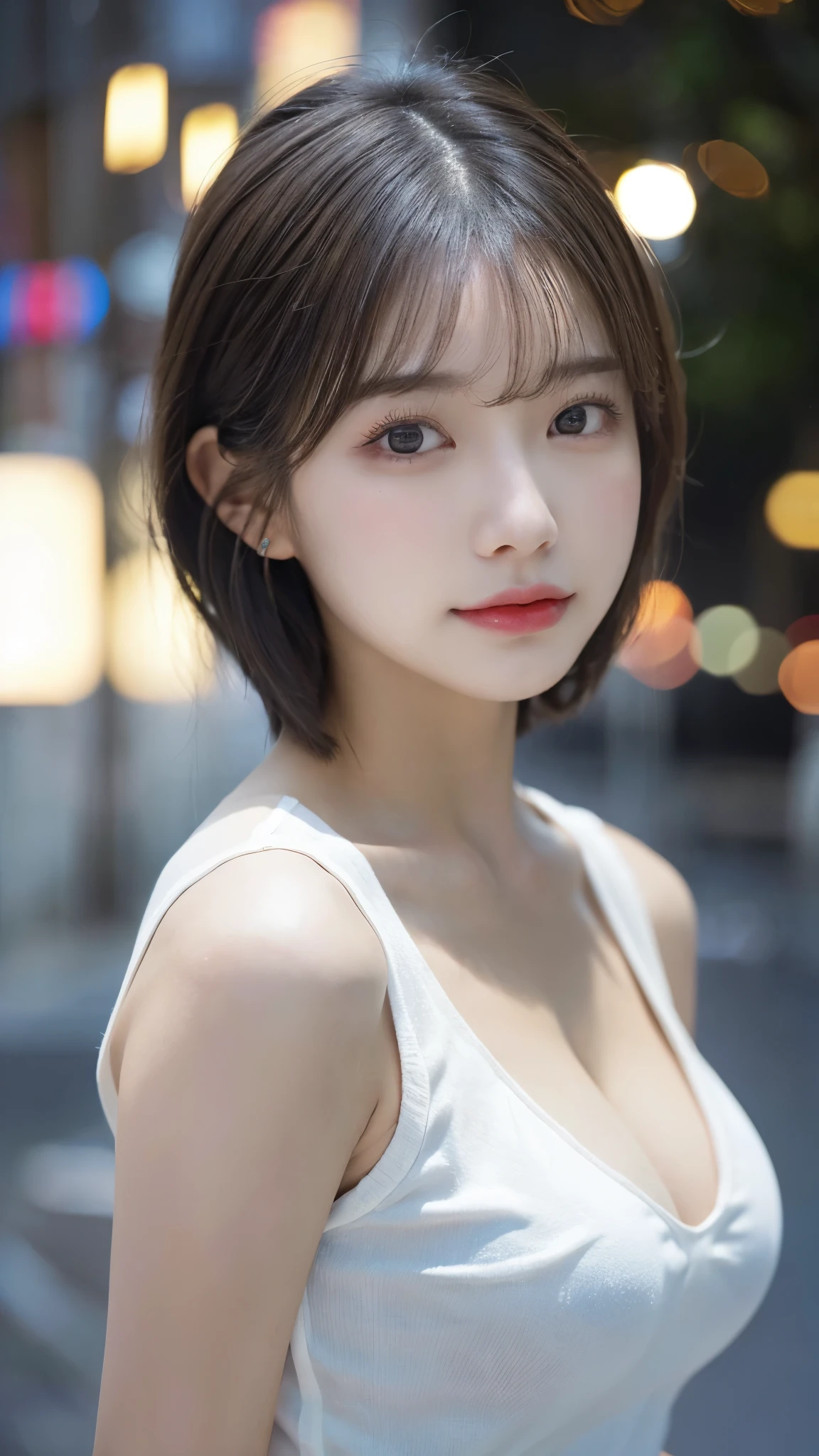 Woman standing upright facing the camera、Emphasize the cleavage、lightly dressed、exposed、thin white shirt、(highest quality,masterpiece:1.3,超A high resolution,),(super detailed,caustics),(Photoreal:1.4,RAW shooting,)ultra-realistic capture,very detailed,High definition 16K for human skin、 Natural skin texture、、Skin looks even-toned and healthy、 Use natural light and color,one woman,Japanese,,cute,Grey-haired,middle hair,(Depth of the bounds written、chromatic aberration、、wide range of lighting、natural shading、)、(outdoor lights at night:1.4)、(hair swaying in the wind:1)、short hair、hair ornaments、Put on your ears、casual hair