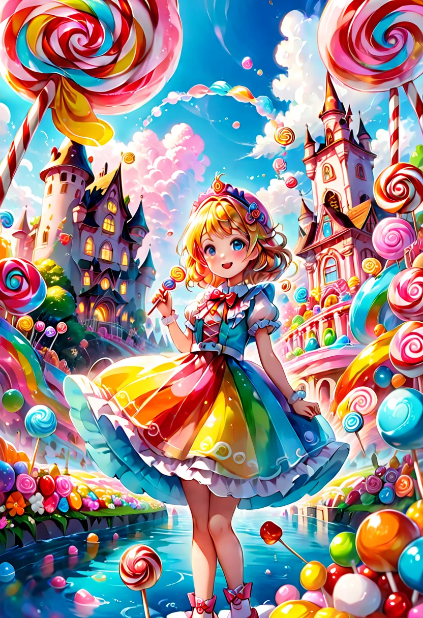 1girl, Candyland, aesthetic, (best quality, highres), ultra-detailed, (realistic:1.37), vibrant colors, candy-themed, dreamlike, enchanting, whimsical, sunlit, joyful, playful, sugary attire, magical, enticing aroma, candy castle, candy river, cotton candy clouds, lollipops, candy cane columns, sugar sculptures, gumdrop boats, candy fish, vibrant flowers, cheerful musicians