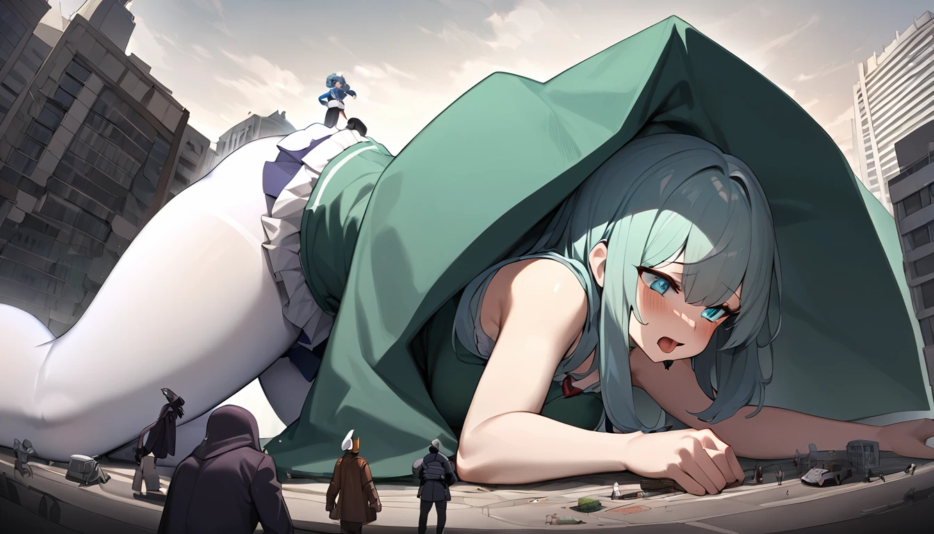 huge,age girl,short skirt,teasing,A giant girl taller than a building,Wear white pantyhose,Toyed around,shrouded in the villain,Lying on his stomach,Face down,Licking the miniature building,Toyed around,low angle of view,arroganthuge,Light cyan hair,Teengirl,short skirt,Teasing the villain,A giant girl taller than a building,arrogant,Those who don't wear shoes,