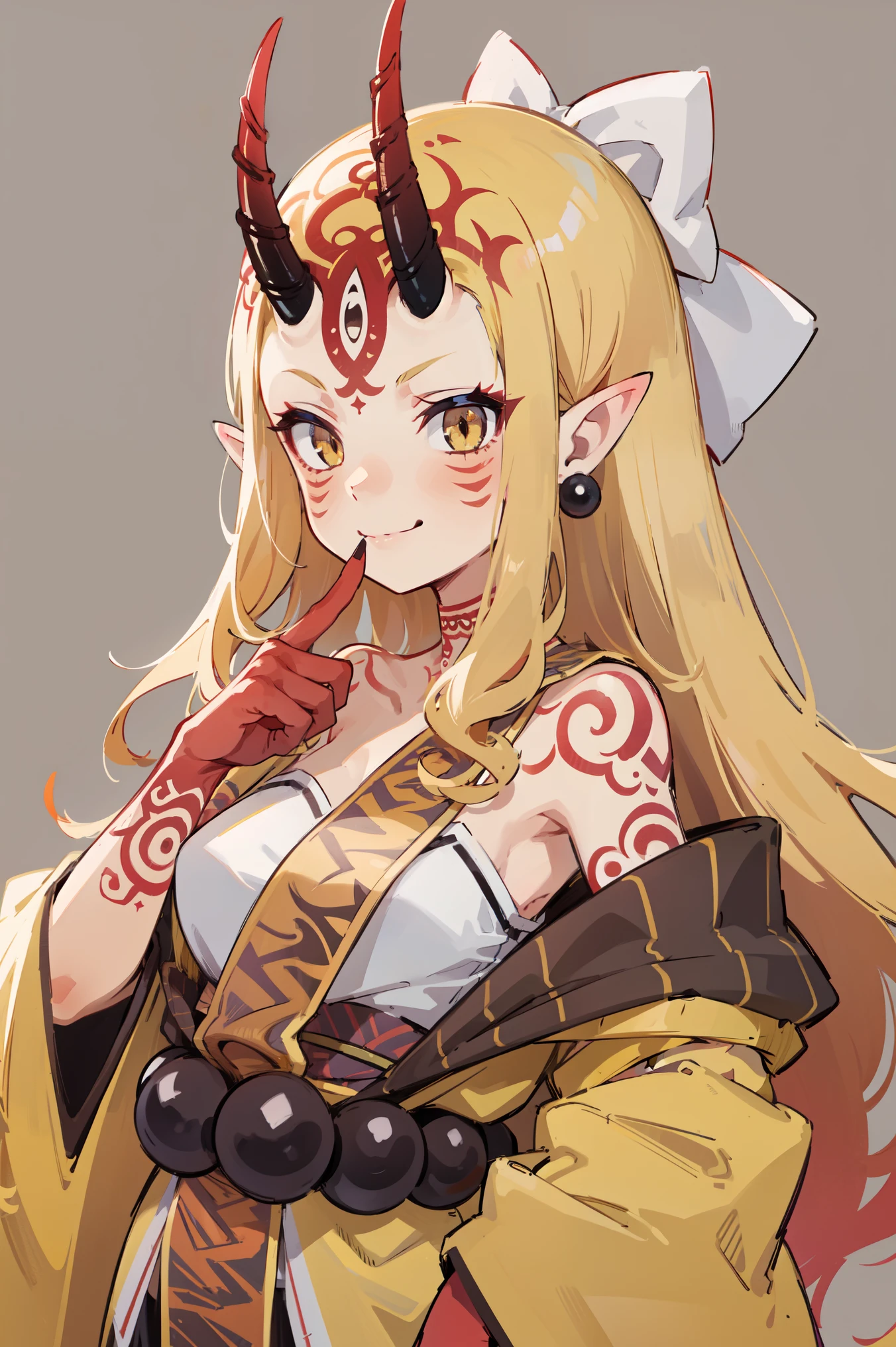 1girl, solo, (ibaraki_douji), blonde, yellow eyes, oni horns, japanese clothes, pointy ears, kimono, bare shoulders, off shoulder, yellow kimono, forehead mark, (fingernails, sharp fingernails), ((red painted hands, finger on mouth, 🤫)), hair accesories, straight hair, jewelry, earrings, large smile, smug, upper body, standing, masterpiece, best quality