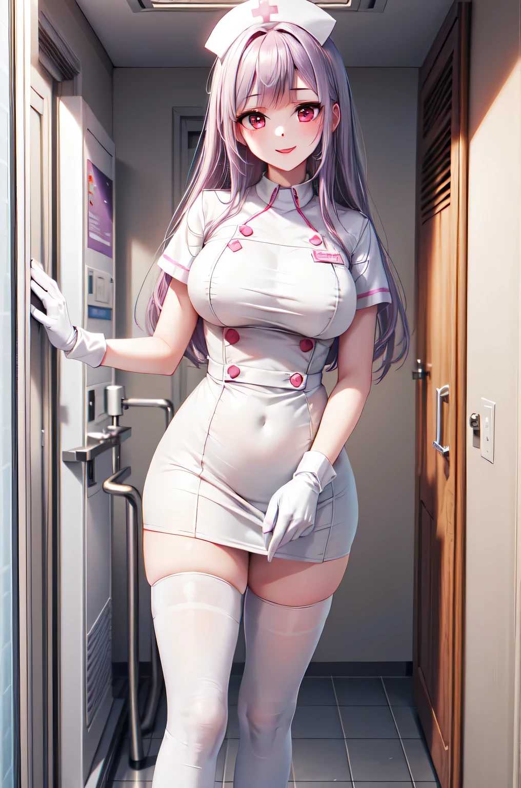1woman, solo, nurse, white nurse cap, white nurse uniform, ((white legwear, zettai ryouiki)), white gloves, long hair, purple hair, red eyes, pink lips, smile, standing, ((hospital room)), sharp outline, short sleeves, mature female, 35 years old, best quality, masterpiece