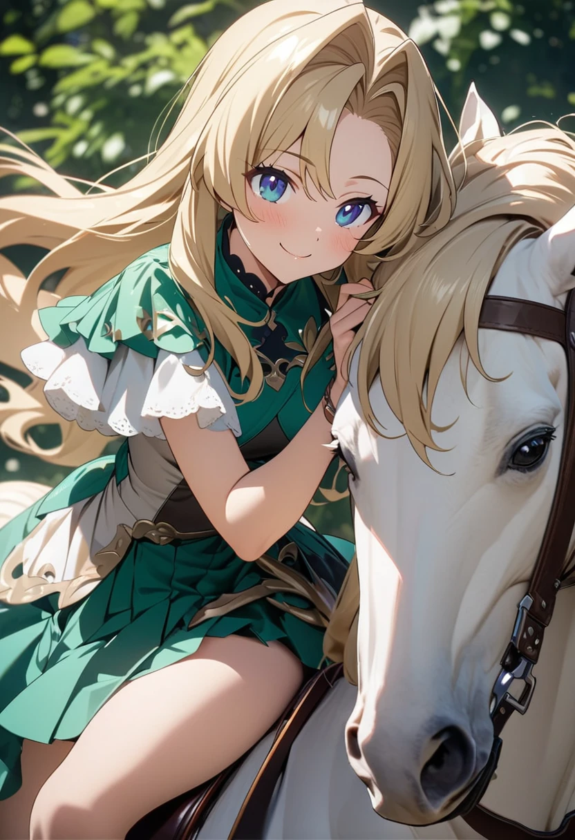 High resolution, high quality, high definition image, 8k1 girl solo.eclair Seaetto.Beautiful Anime Babe. riding on a white horse,smile