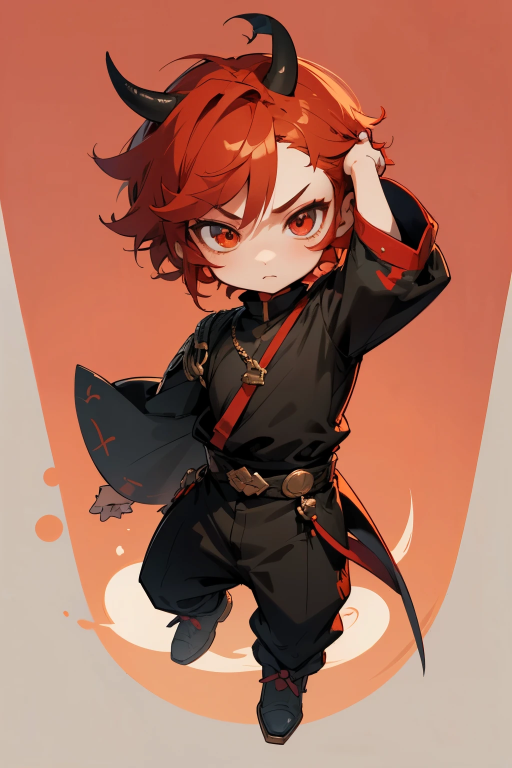 boy, full body, cartoon style, chibi style, cute, ogre horn, beautiful face, beautiful eye, high detailed pupil, double eyeylid, high detailed skin, high quality skin, red color hair, black clothes, masterpiece,