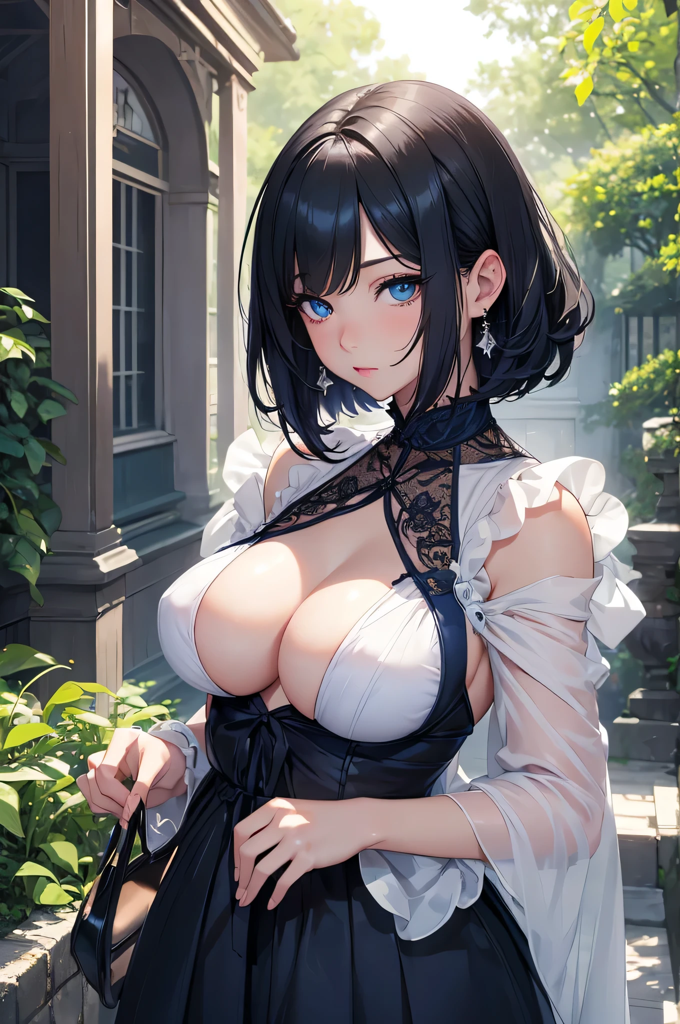 (masterpiece:1.2), (highest quality:1.2),, Curvy but slender body, adult woman、perfect eyes, perfect face,The exact number of fingers、Exact number of legs、Exact number of arms、bangs, perfect lighting, 1 girl,,(Dark blue garter belt)、Nipple exposure、,breast milk、long nipples、expose one's chest、beautiful big breasts(erect nipples:1)、sexy look、restraints(ironwork)high socks、detailed outdoor background, compensate, eye shadow, thick eyelashes, fantasy, looking at the viewer, whole body、blue sky、bright and beautiful face、young and white shiny skin,、the best beauty、The most beautiful black hair in the world、thin hair、short hair(Inward-curling hair)、Shining beautiful Bangs、big blue eyes、the most beautiful girl in the world、Very detailed CG, (perfect hands, perfect anatomy),embarrassed look、sexy look、mouth half open、whole body、sexually excited look、16K、One earring in each ear