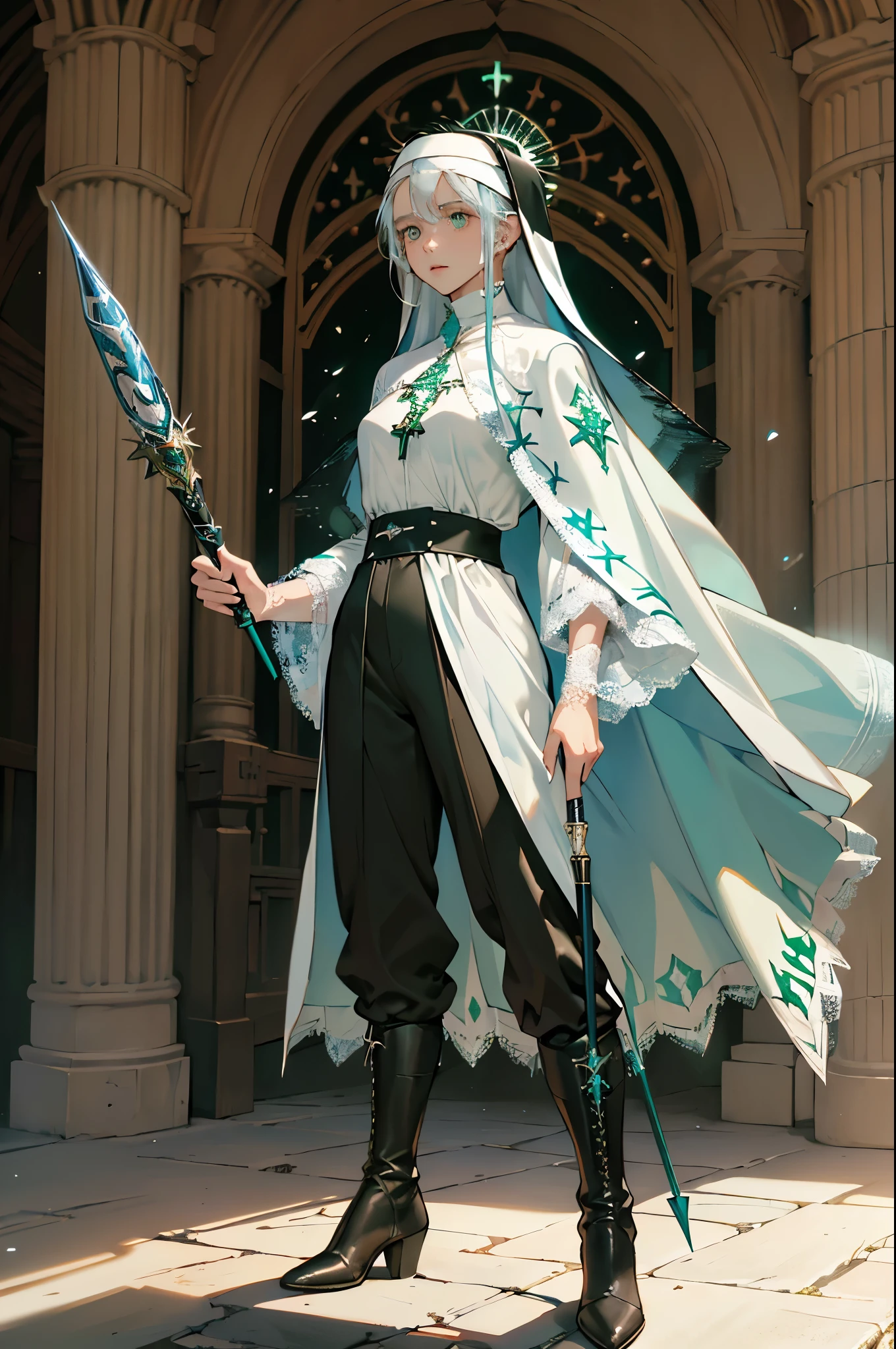 masterpiece, ultra detailed, 8k portrait, RAW photo, portrait photography, Highly detailed face, beautiful and meticulous eyes, ((Fantasy)), Young beautiful, (((Nun))), (((((standing))))), ((light blue long thin hair)), ahoge, forehead, Gentle face, White skin, (((green and white puffy sleeve lace priest robes))), ((brown cape)) Fluttering in the wind, (((lowleg kneel length pants))), Leather boots, ((((equip a magic wand)))), Midday Sun, Hyper realistic, Body model, Small breasts, Beautiful breasts, Long legs, in the medieval adventurer's guild, Ambient lighting, Shadow details, Camera focus on face, strong breeze, Light fog