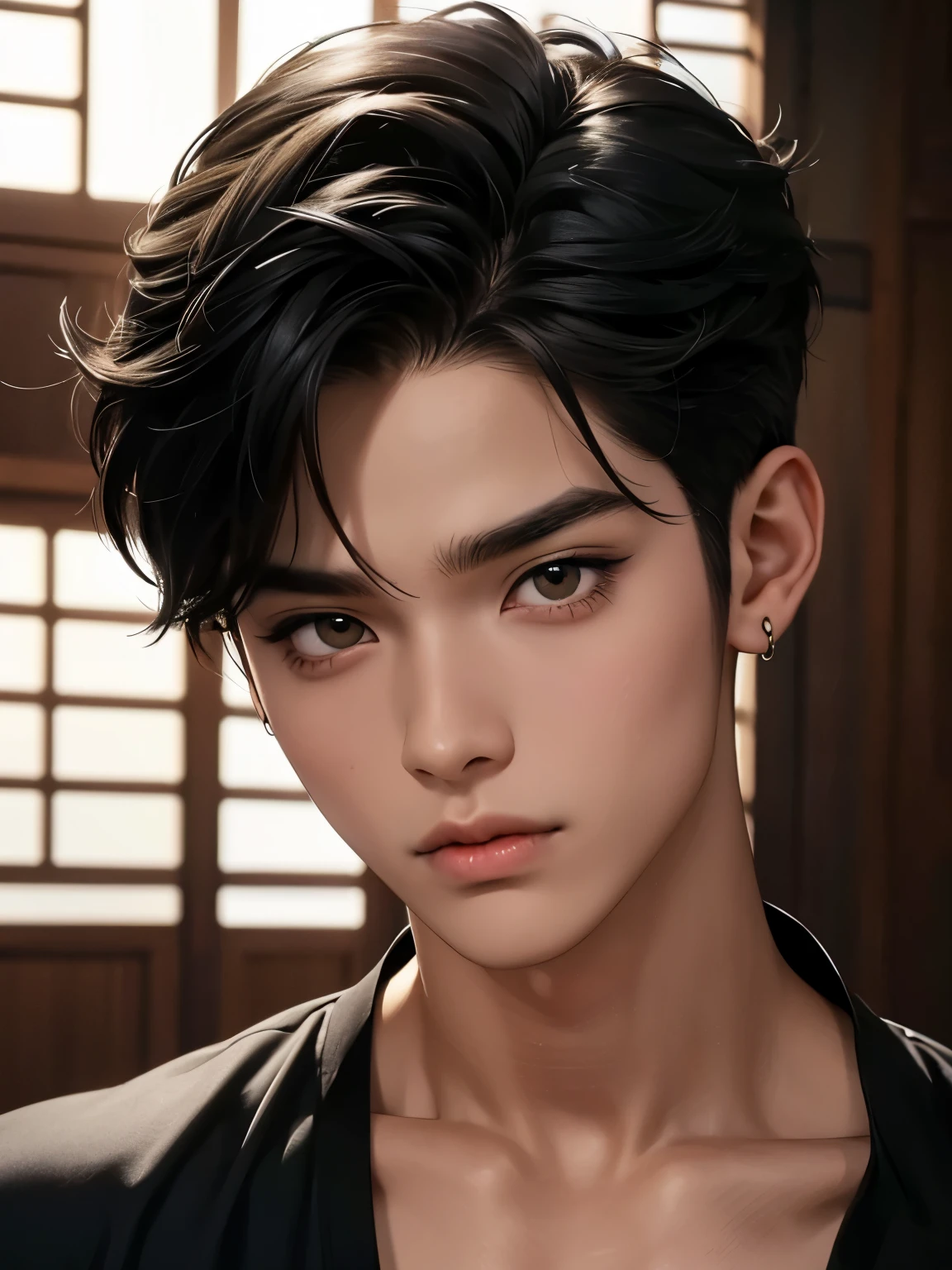 menino com cabelo preto ondulado, olhos amarelos, pele marrom, cute asian boy, Garoto com um rosto lindo, estilo de anime realista, boy looking like a kpop idol, moreno e com orelhas de gato preto
