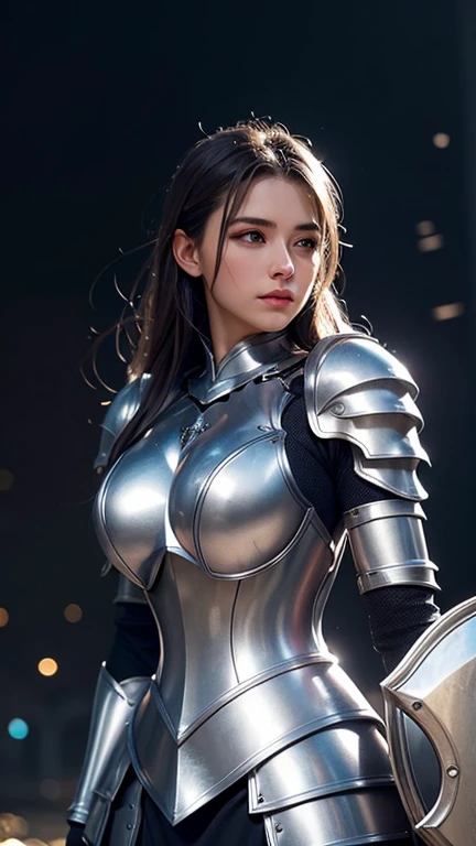 a close up of a woman in Dragon silver armor holding a shield, beautiful armor, stunning armor, as a paladin, girl in knight Dragon silver armor, female armor, wearing fantasy armor, medium long body shot ,beautiful breast , huge breast, elegant pose ,light bokeh and atmosphere was dark and the lights were twinkling background.,photo realistic ,surreal